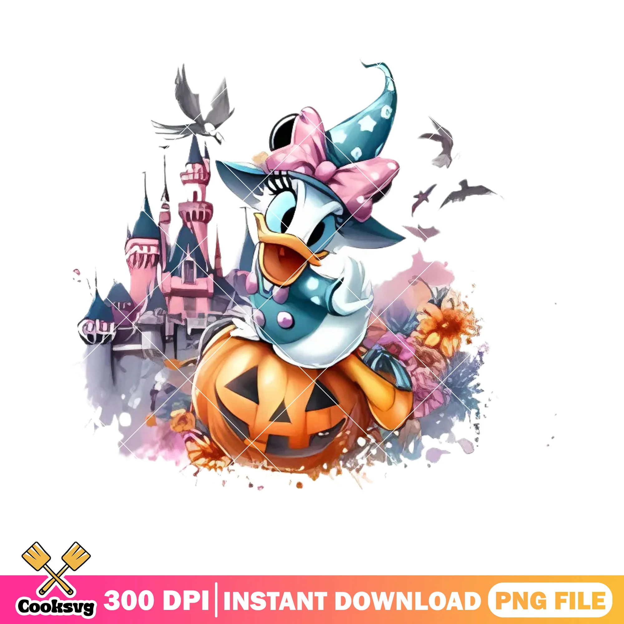 Adorable daisy duck art png, fancy castle png, jack o lantern png