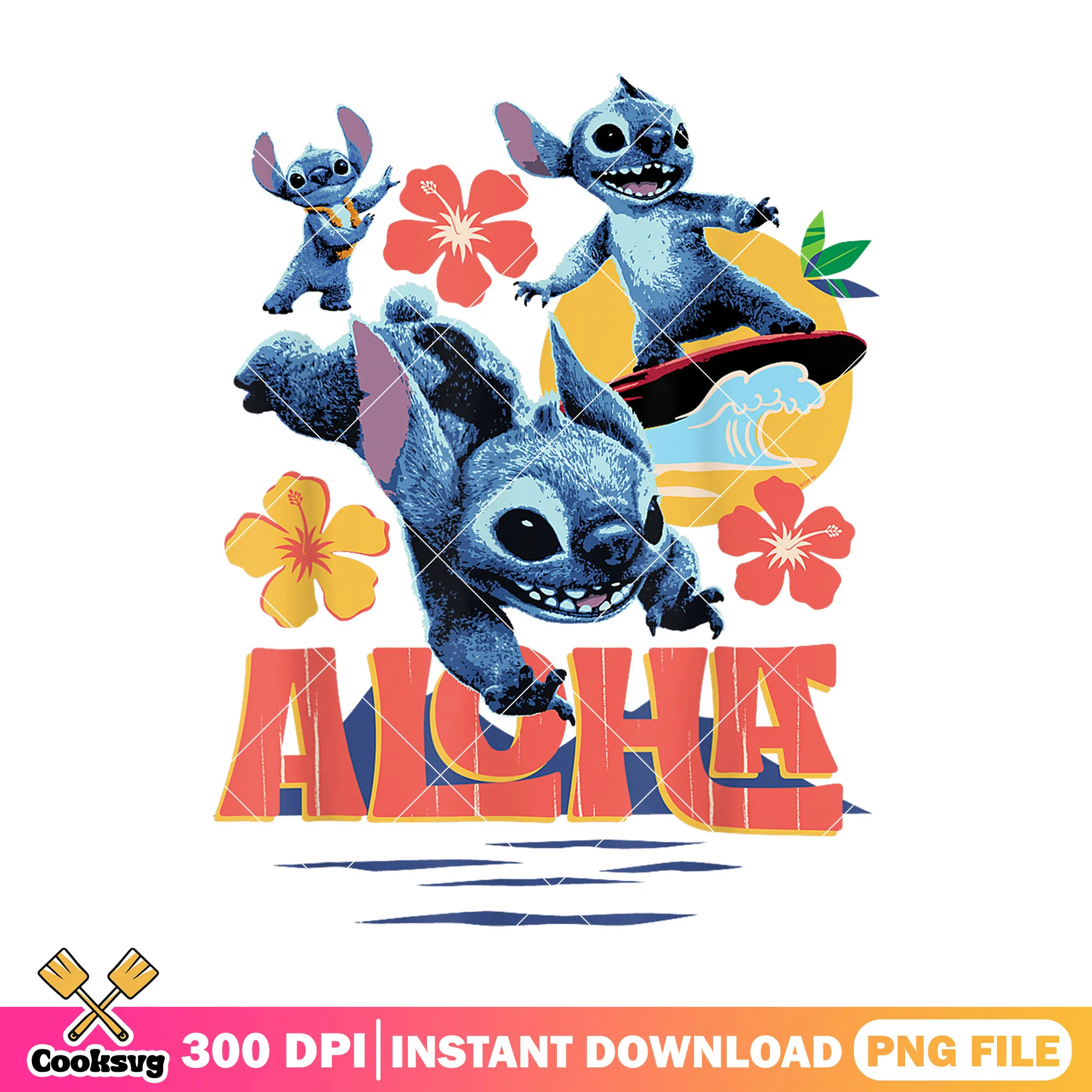 Aloha flower beach stitch png, aloha stitch png, stitch beach png