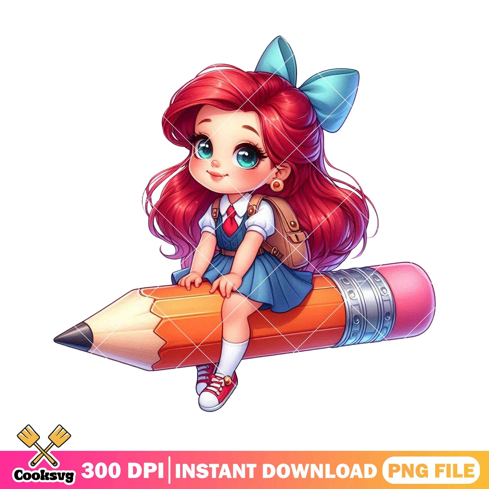 Ariel chibi red hair png, back to school outfit png, disney art png