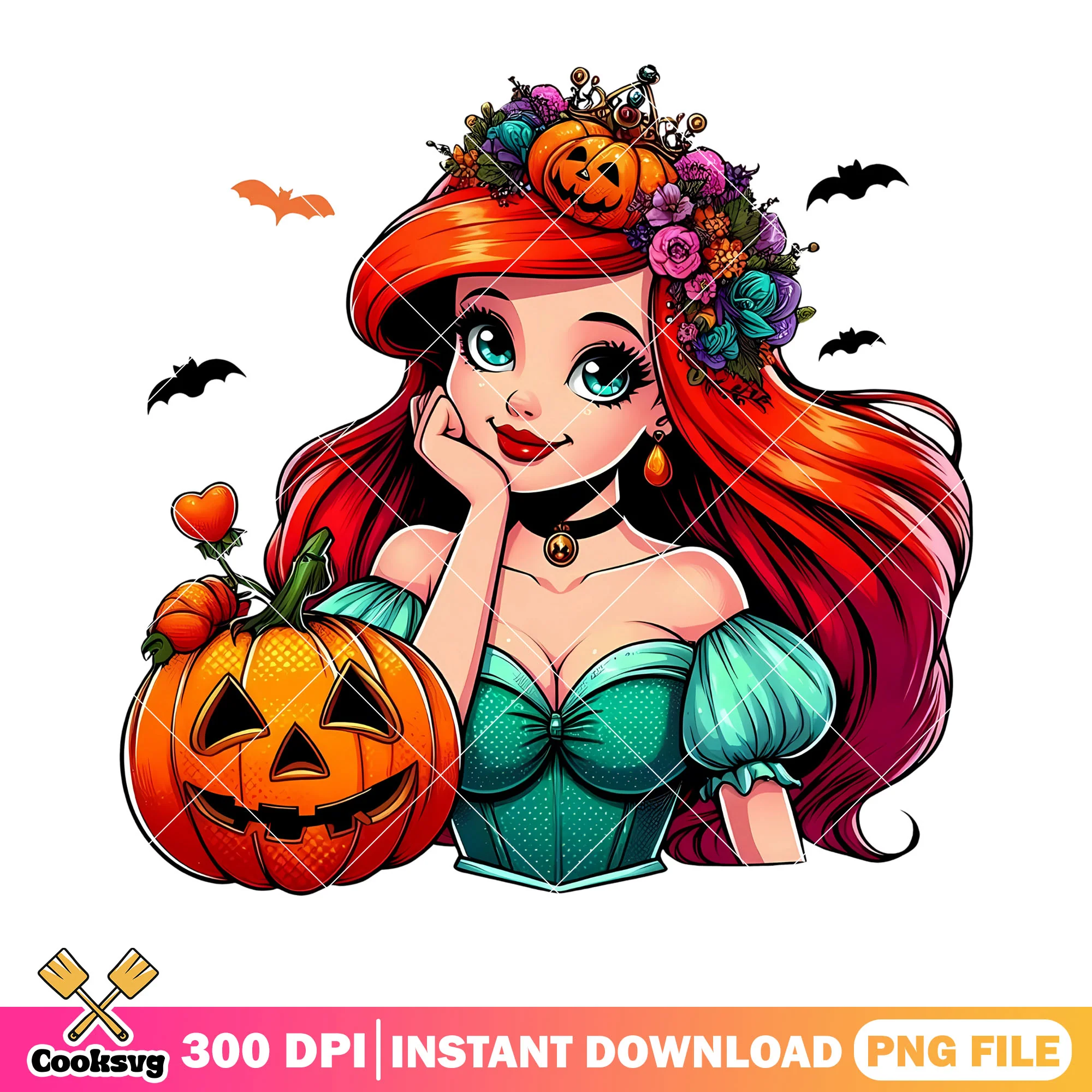 Ariel mermaid scary bats png, wicker pmpkin png, disney halloween png