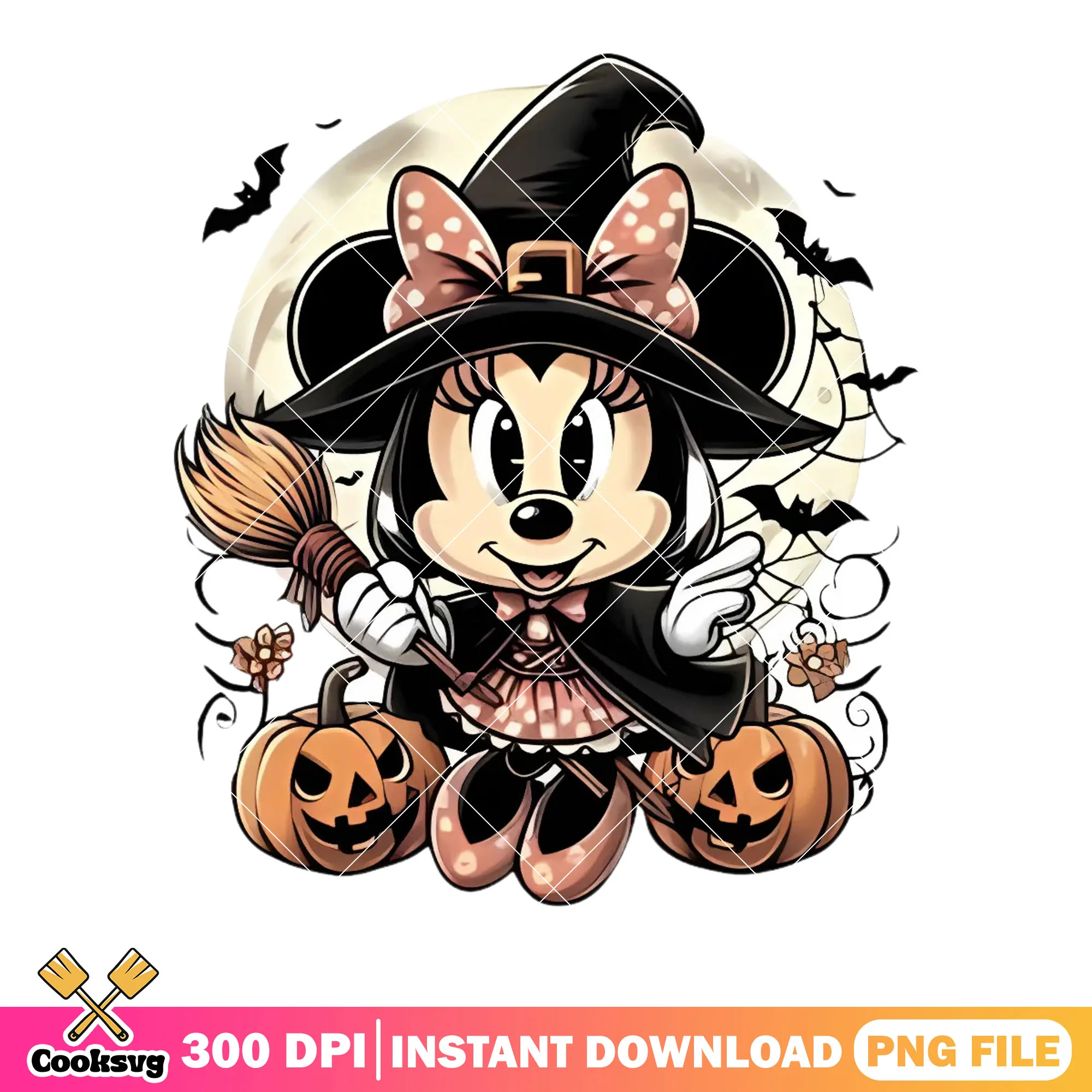 Art cute minnie halloween png, wicker pumpkin png, witch costume png