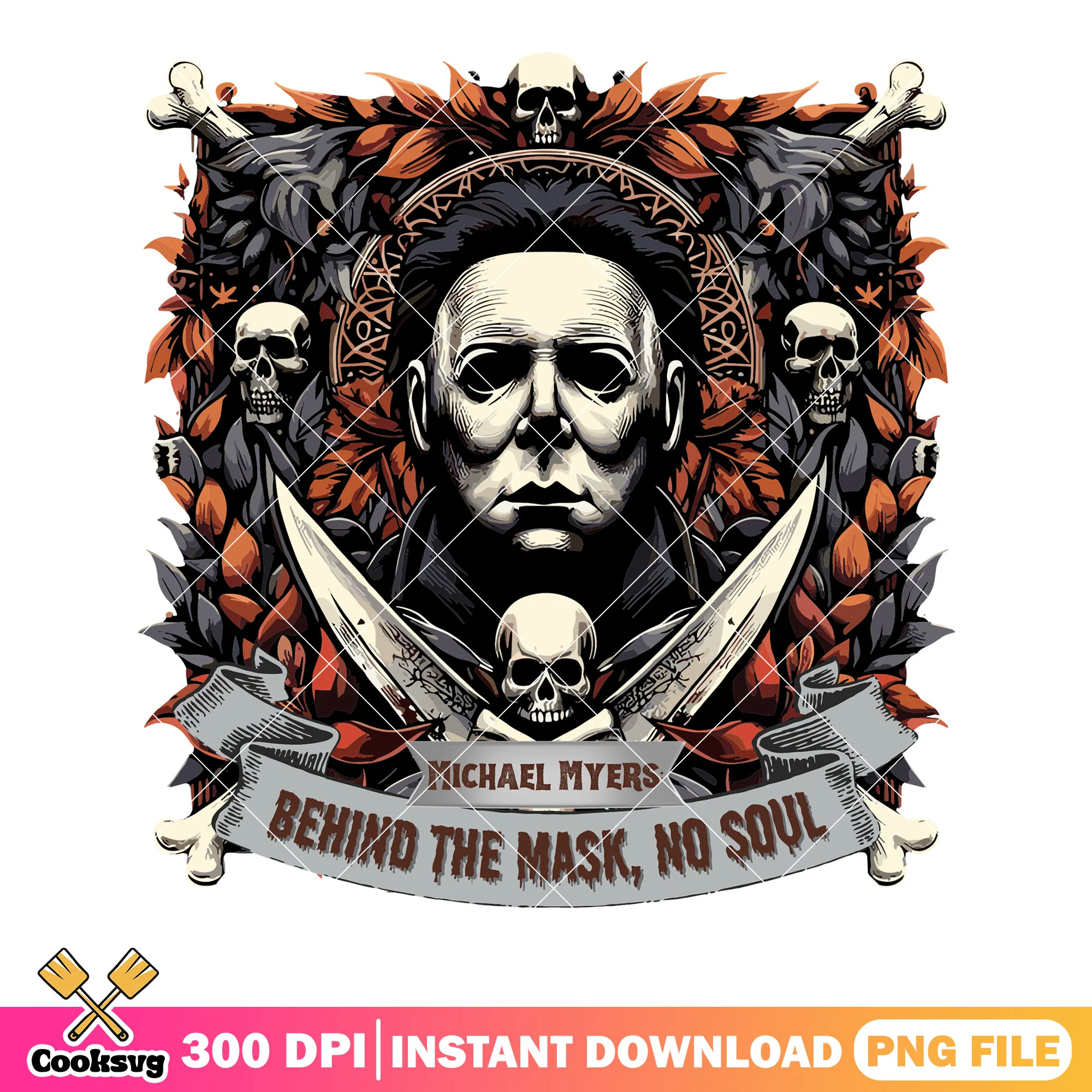 Autumn leaf Micheal myers png, skull skeleton png, halloween scary png