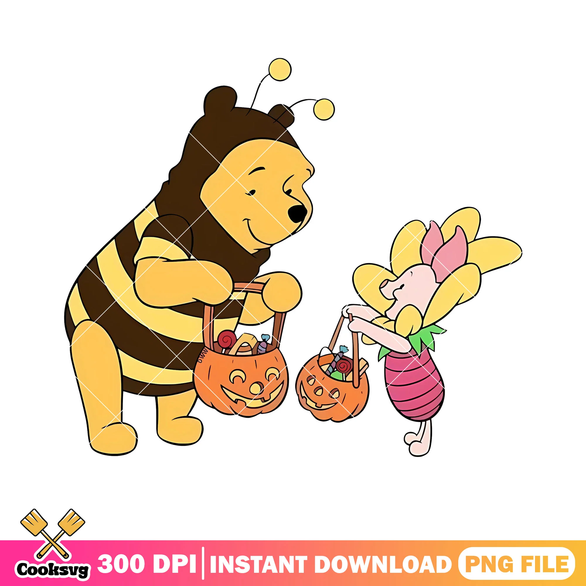 Baby bee pooh png, disney halloween png, wicker pumpkin png