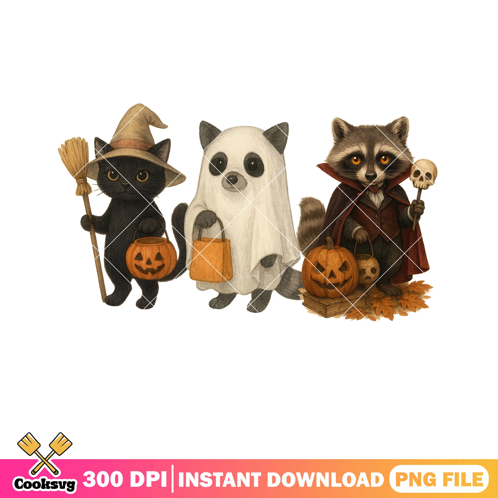 Baby cat dog and racoon png, scary ghost png, scary halloween night png
