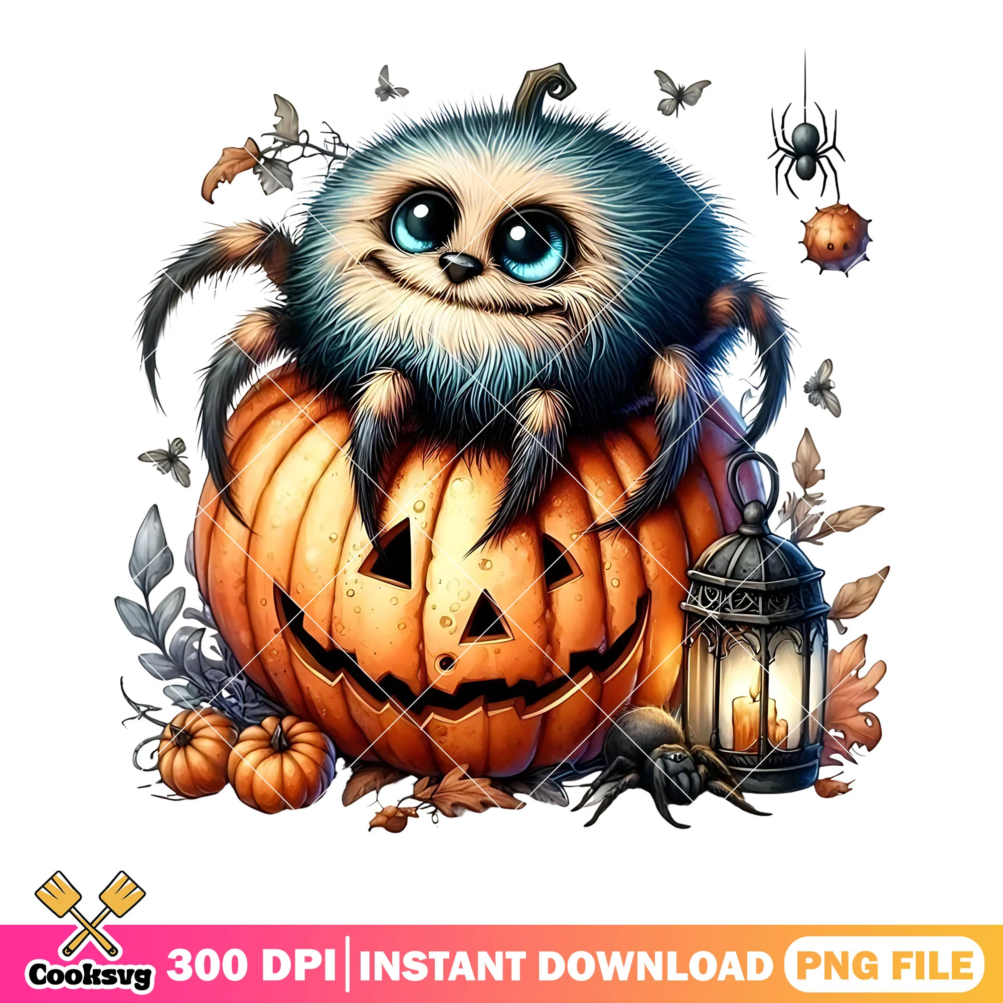 Baby cute spider png, wicker pumpkin png, crazy halloween night png