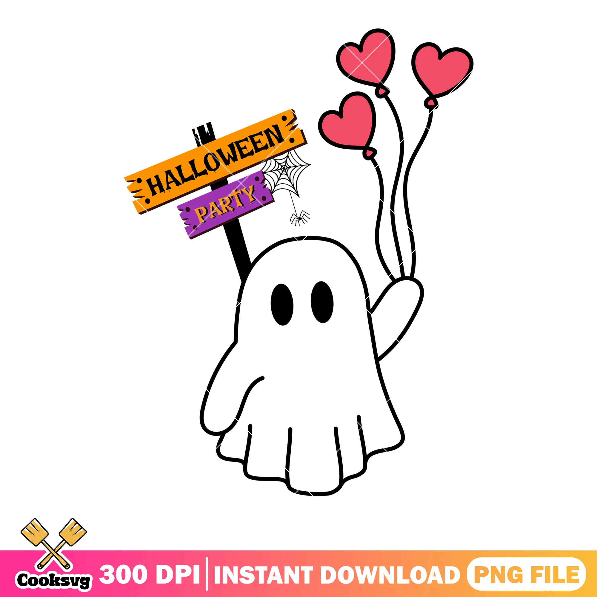 Baby ghost go to the party png, heart balloon png, halloween scary png