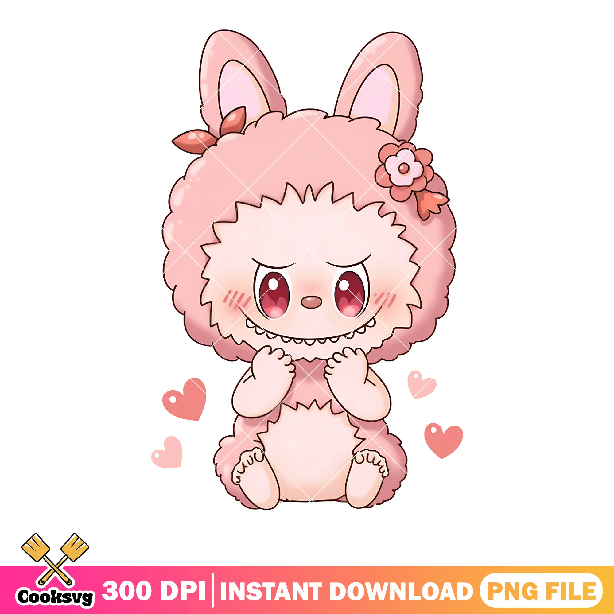 Baby pink doll fot kid png, heart icon png, cute labubu png