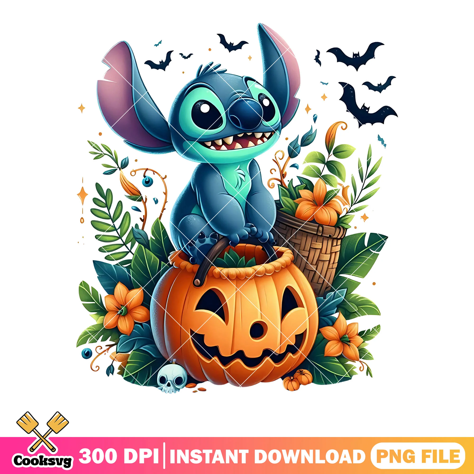 Basket flower png, disney halloween png, stitch cute png