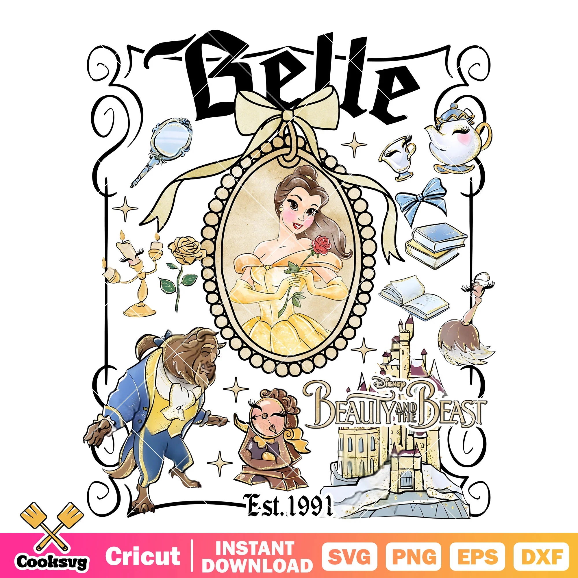Belle Princess Mirror EST 1991 PNG, Beauty and the Beast PNG