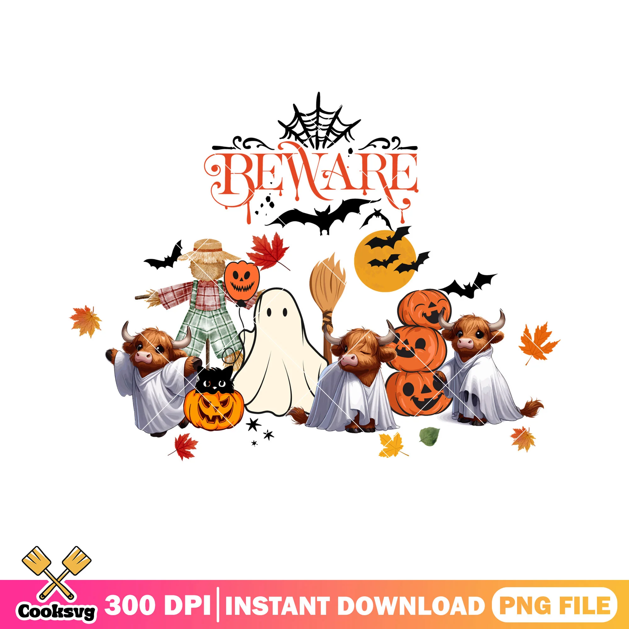 Beware halloween png, jack o lantern png, full moon night png