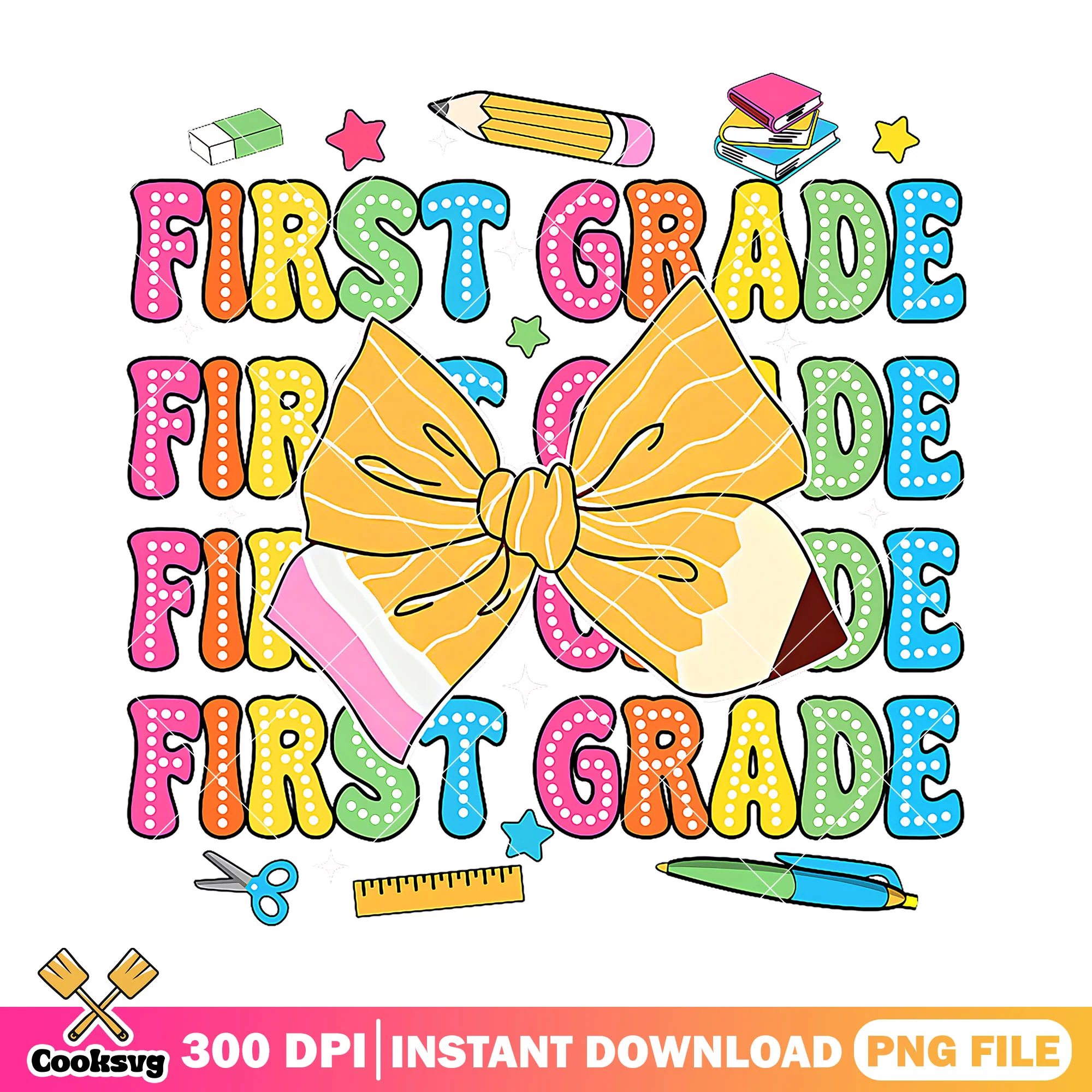 Big bow with first grade png, back to school logo png, bow yellow png