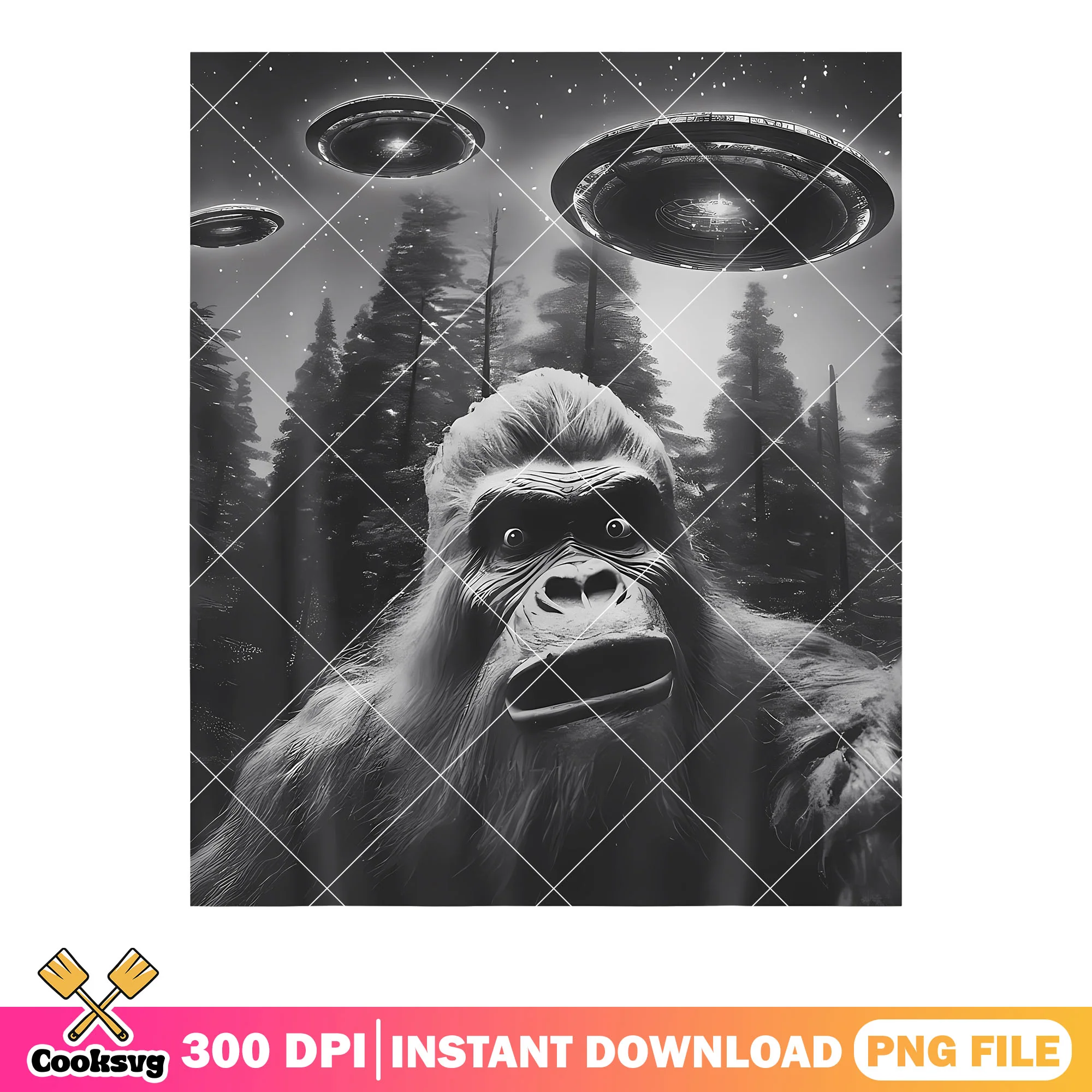 Big foot with ufo png, spooky forest png, funny memes png