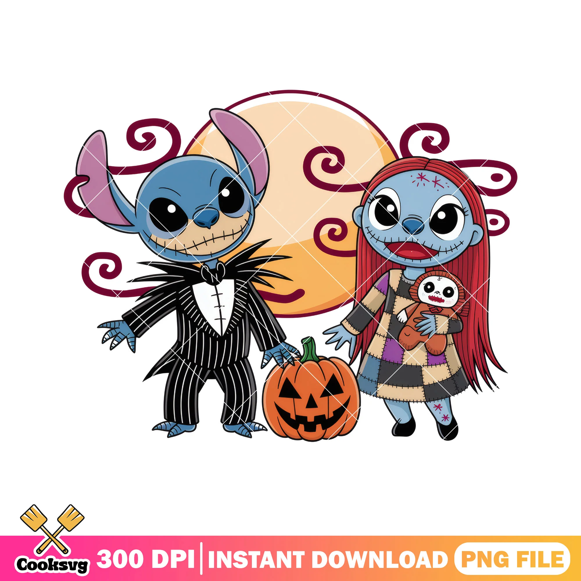 Big moon with couple stitch png, happy halloween png, art stitch png