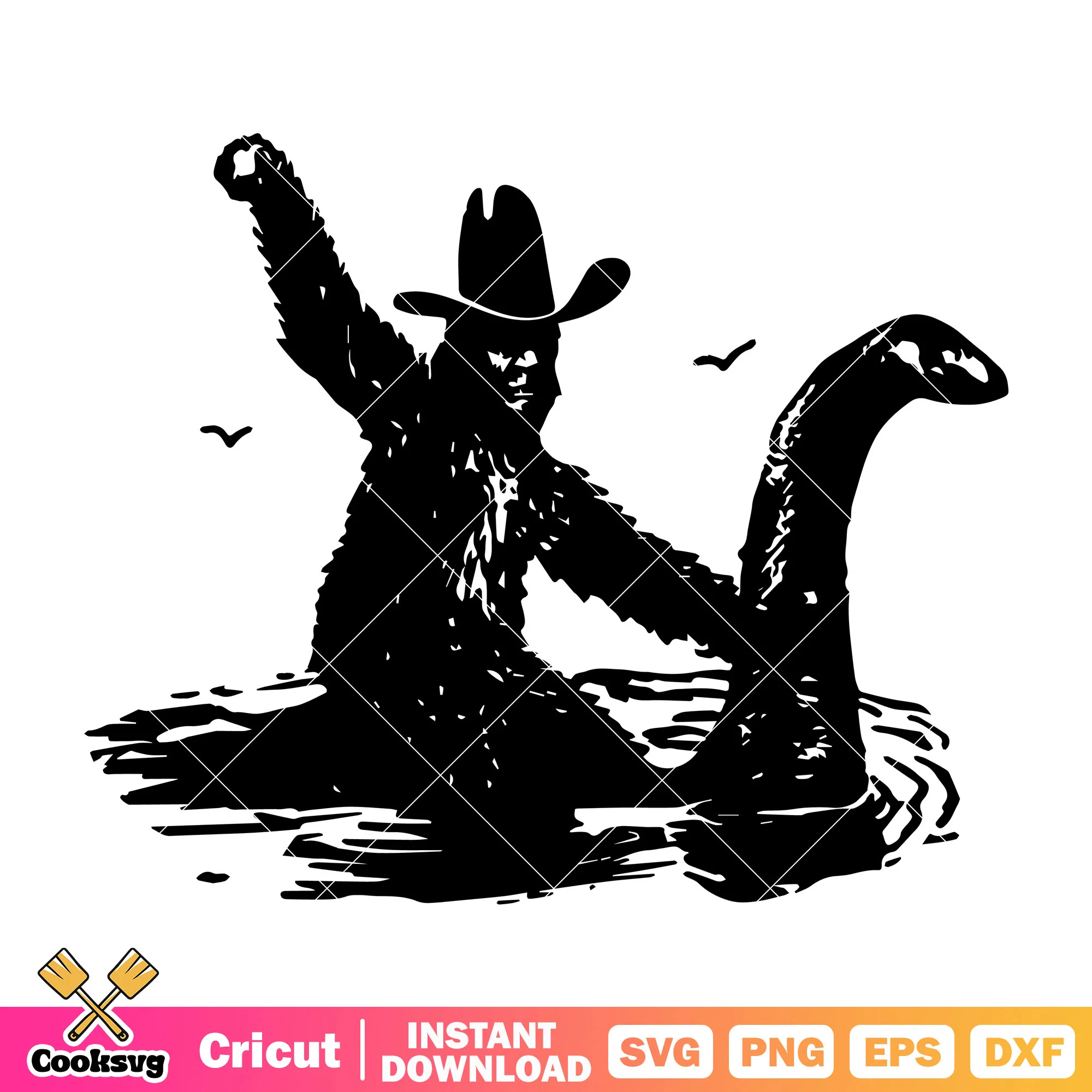 Bigfoot Riding Nessie black svg, loch ness monster svg