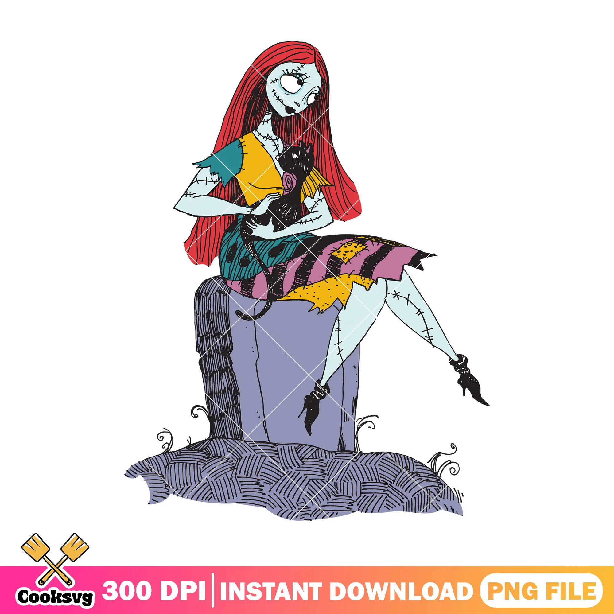 Black cat with sally design png, halloween happy png, sally horror png
