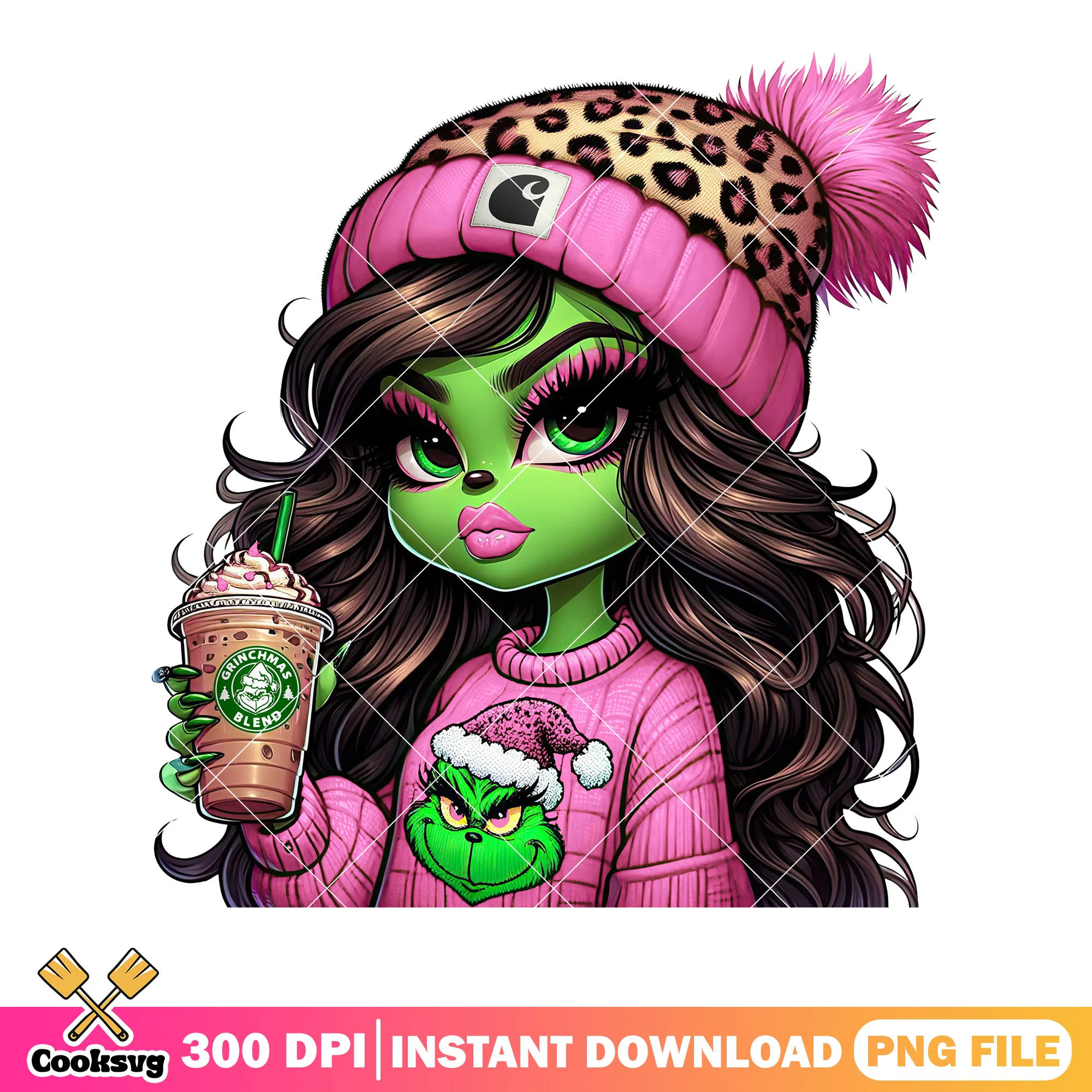 Black hair pink christmas png, the grinch png, christmas coffee png