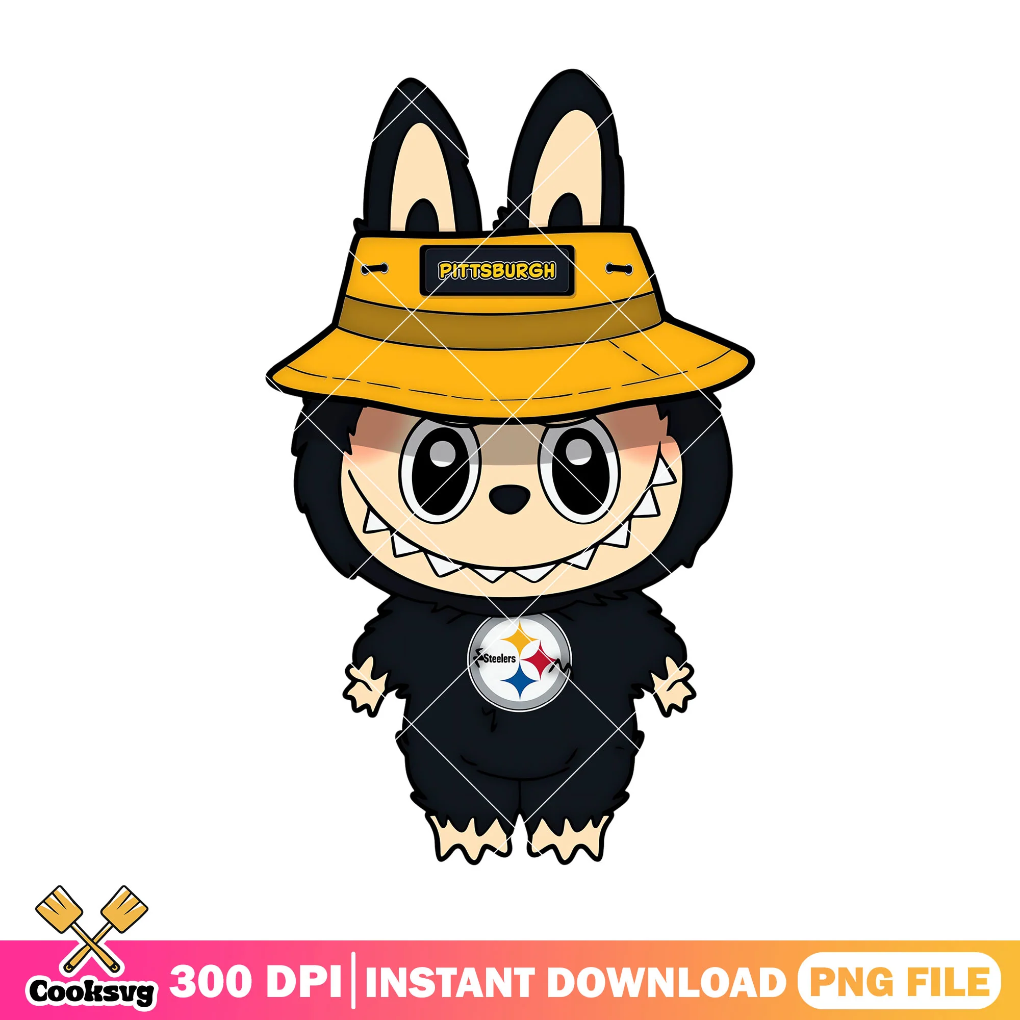 Black labubu design png, pittsburgh steelers png, labubu monster png
