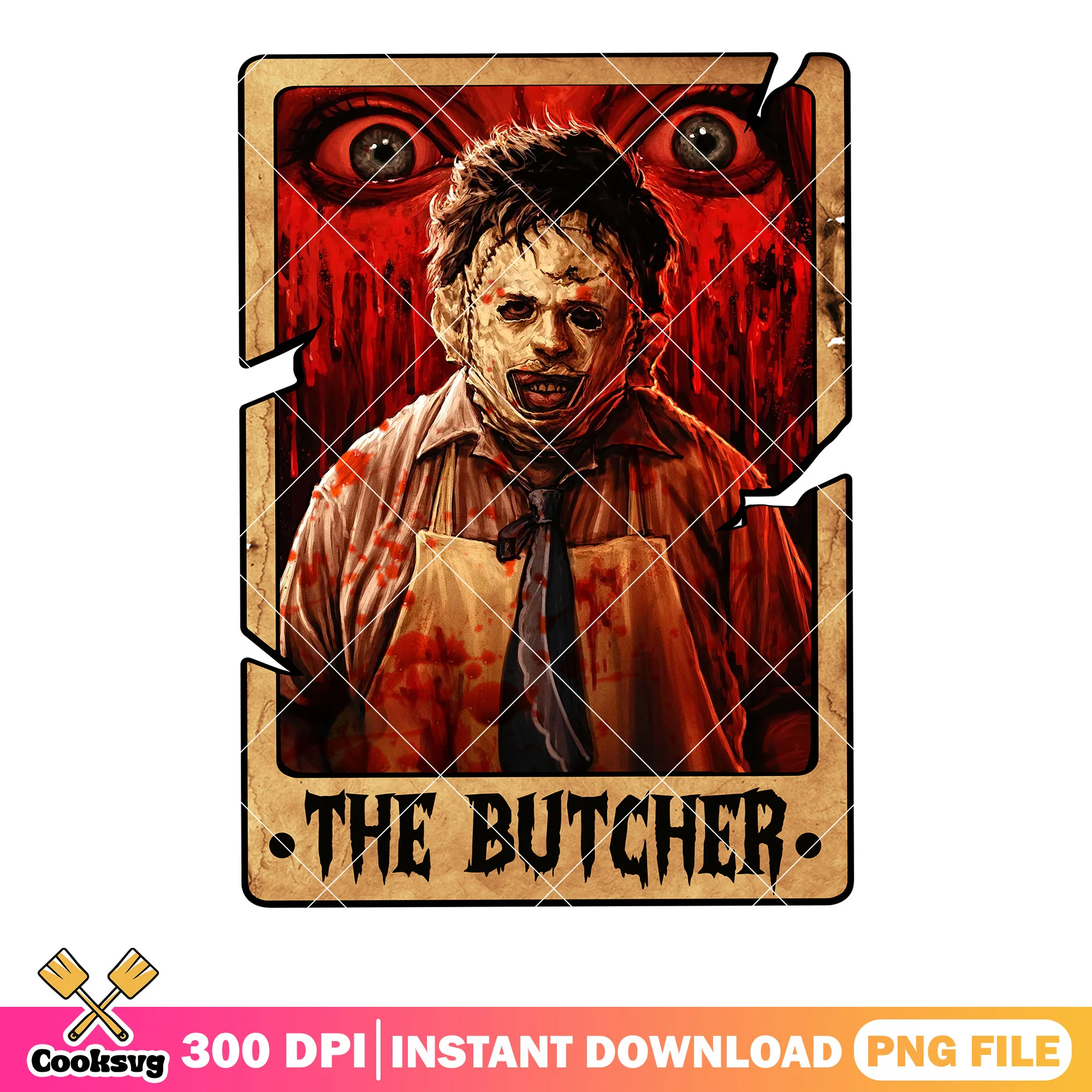 Bloody eyes behind the butcher png, leather face png, spooky halloween png