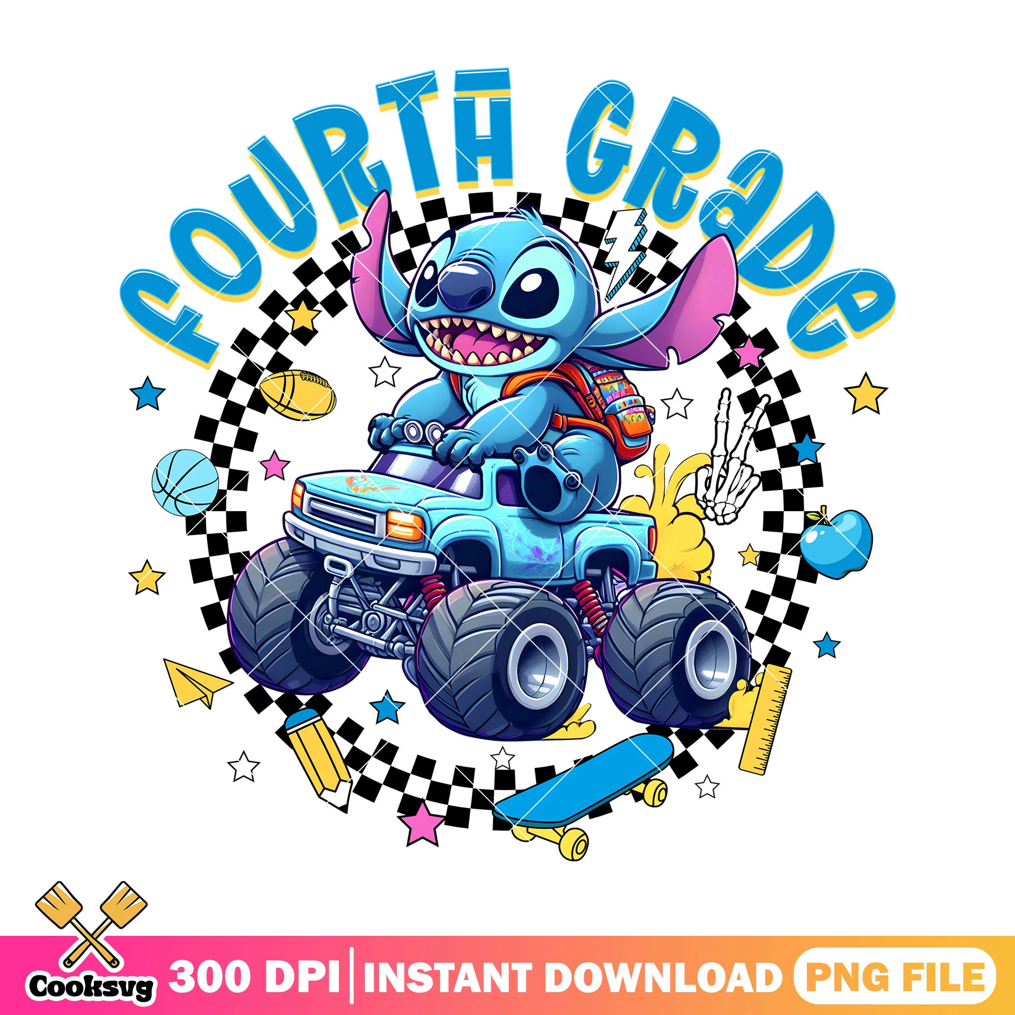Blue stitch file design png, 4th grade png, go back to school png
