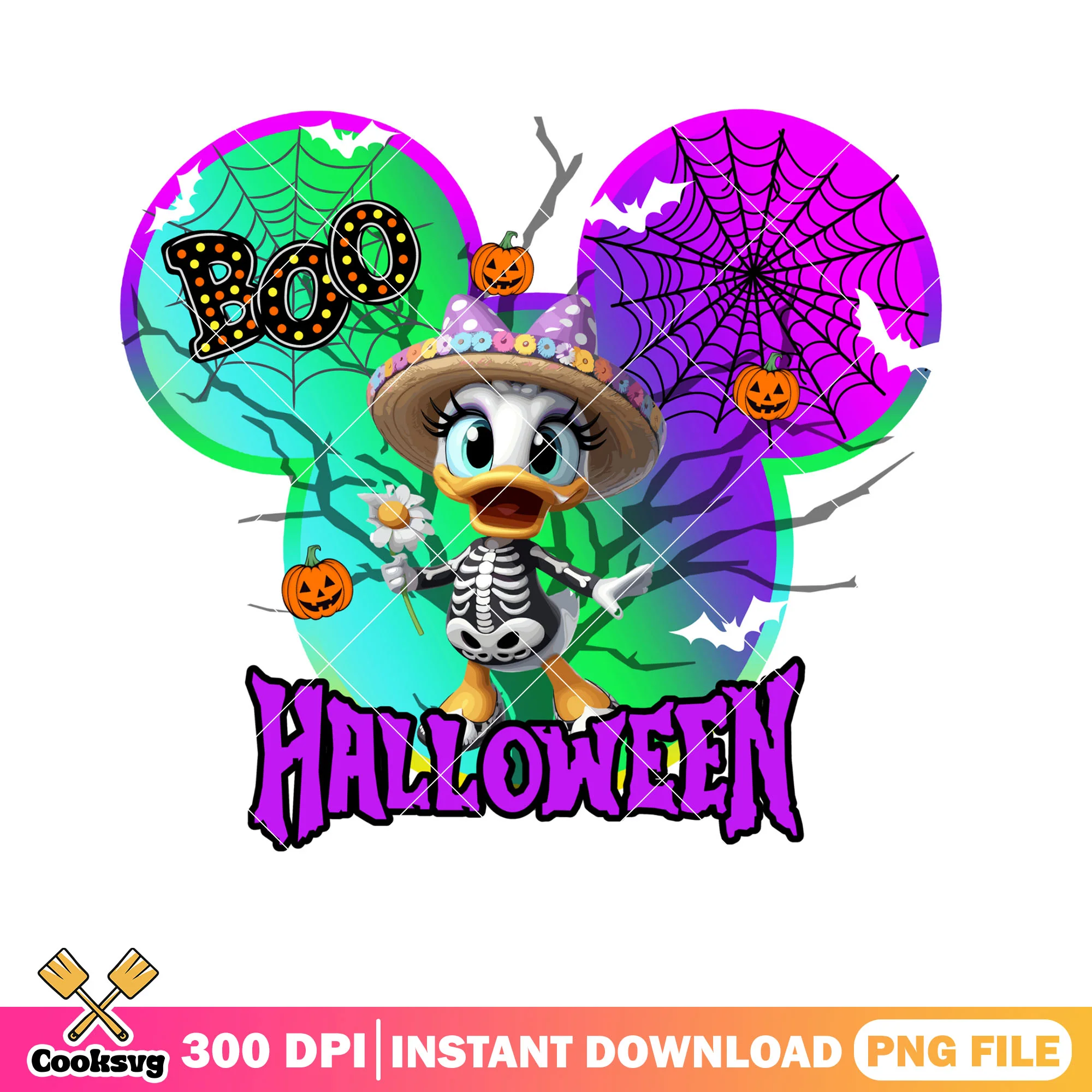 Boo spider web png, wicker pumpkin png, daisy duclk png