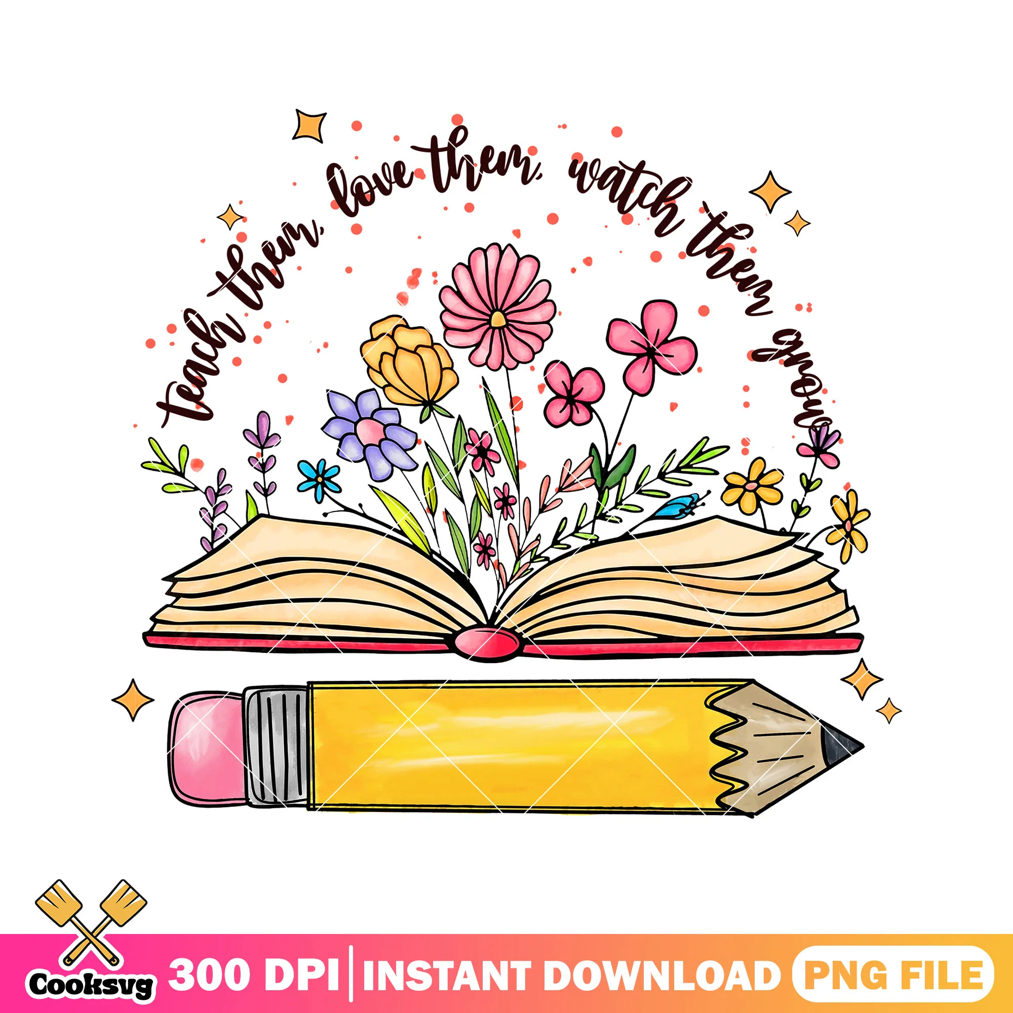 Books and flowers png, big pencil png, back to school art png