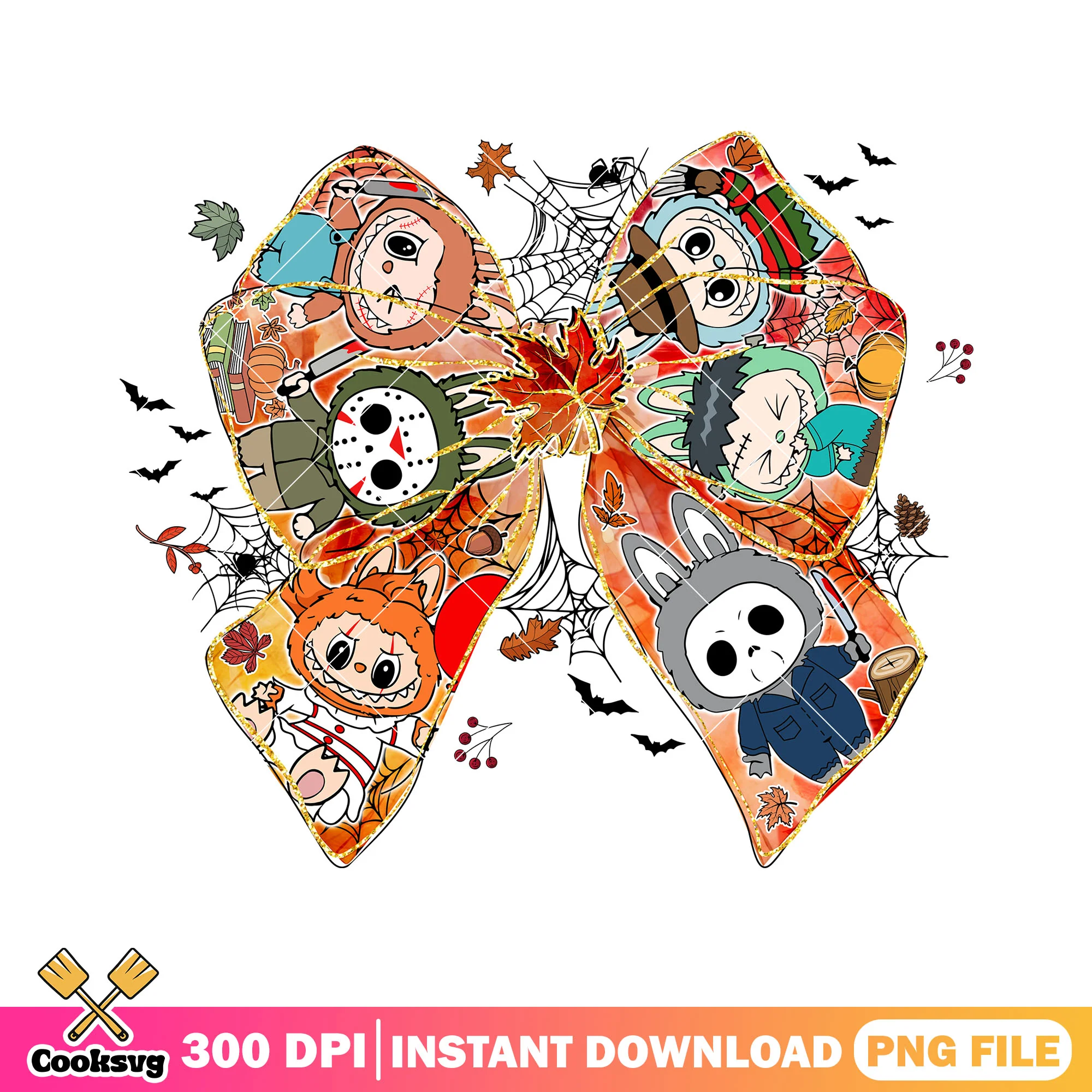 Bow tie horror labubu png, labubu halloween png, labubu clother png