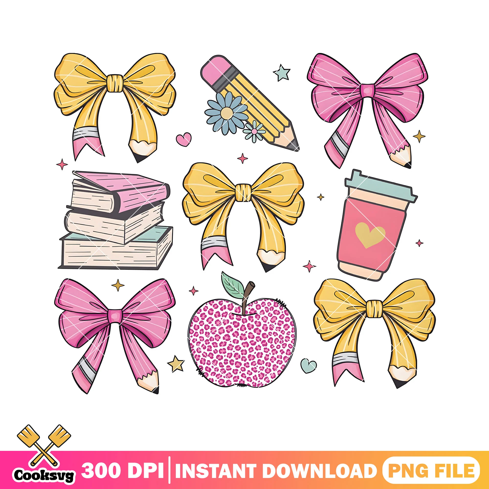 Bows and study items png, back to school idea png, cute bow png