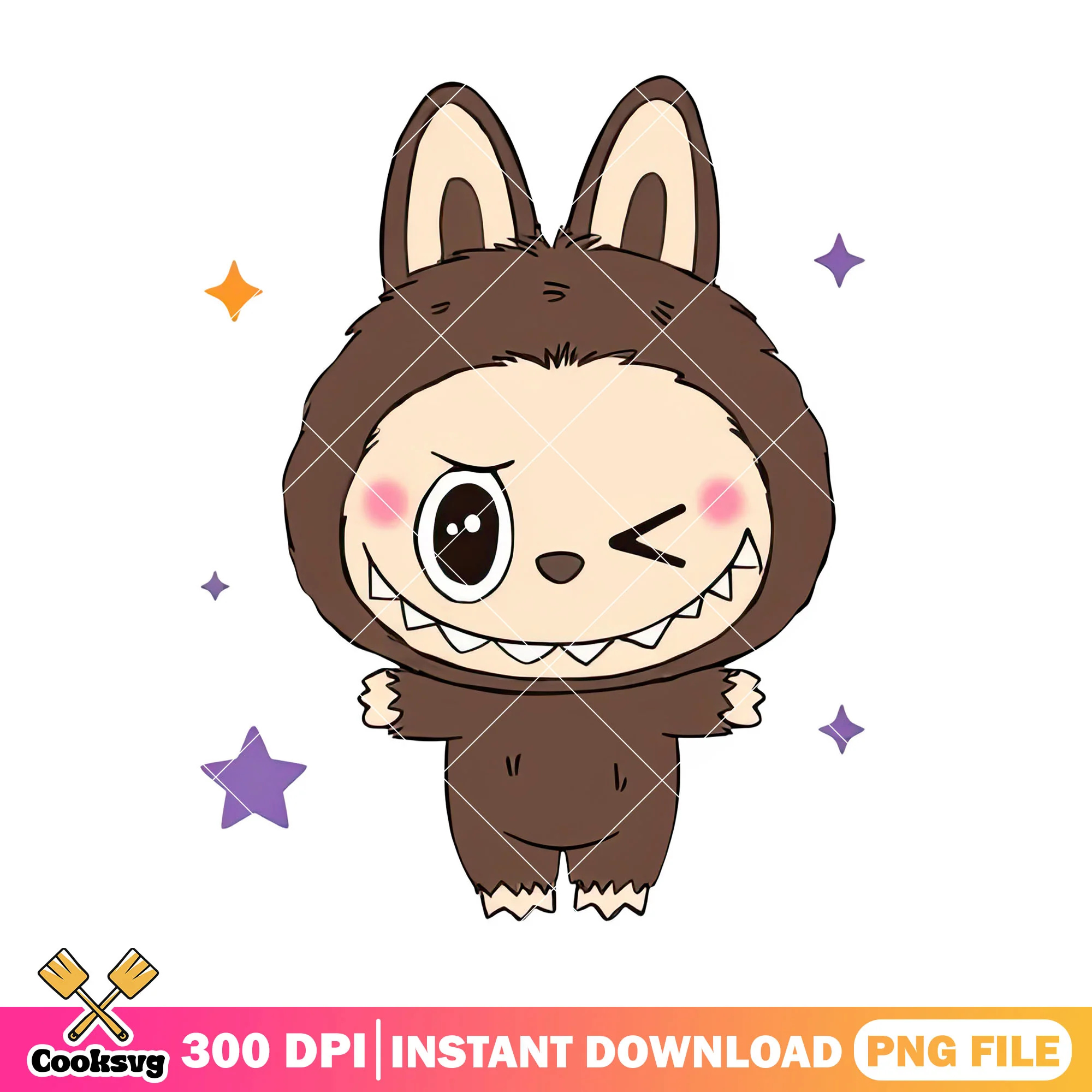 Brown labubu wink file png, labubu plush png, labubu happy png