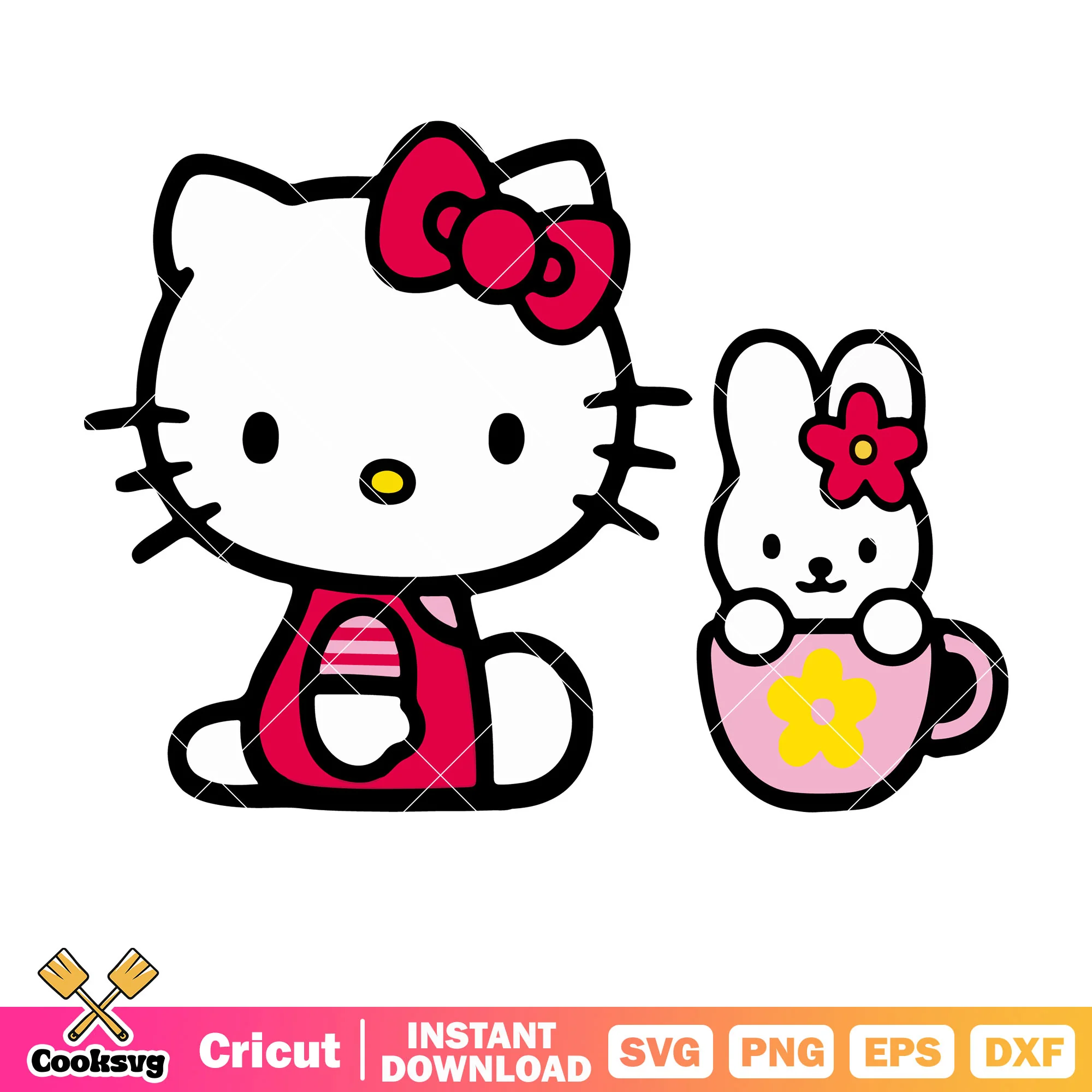 Bunny and kitty pink design svg, hello kitty character svg