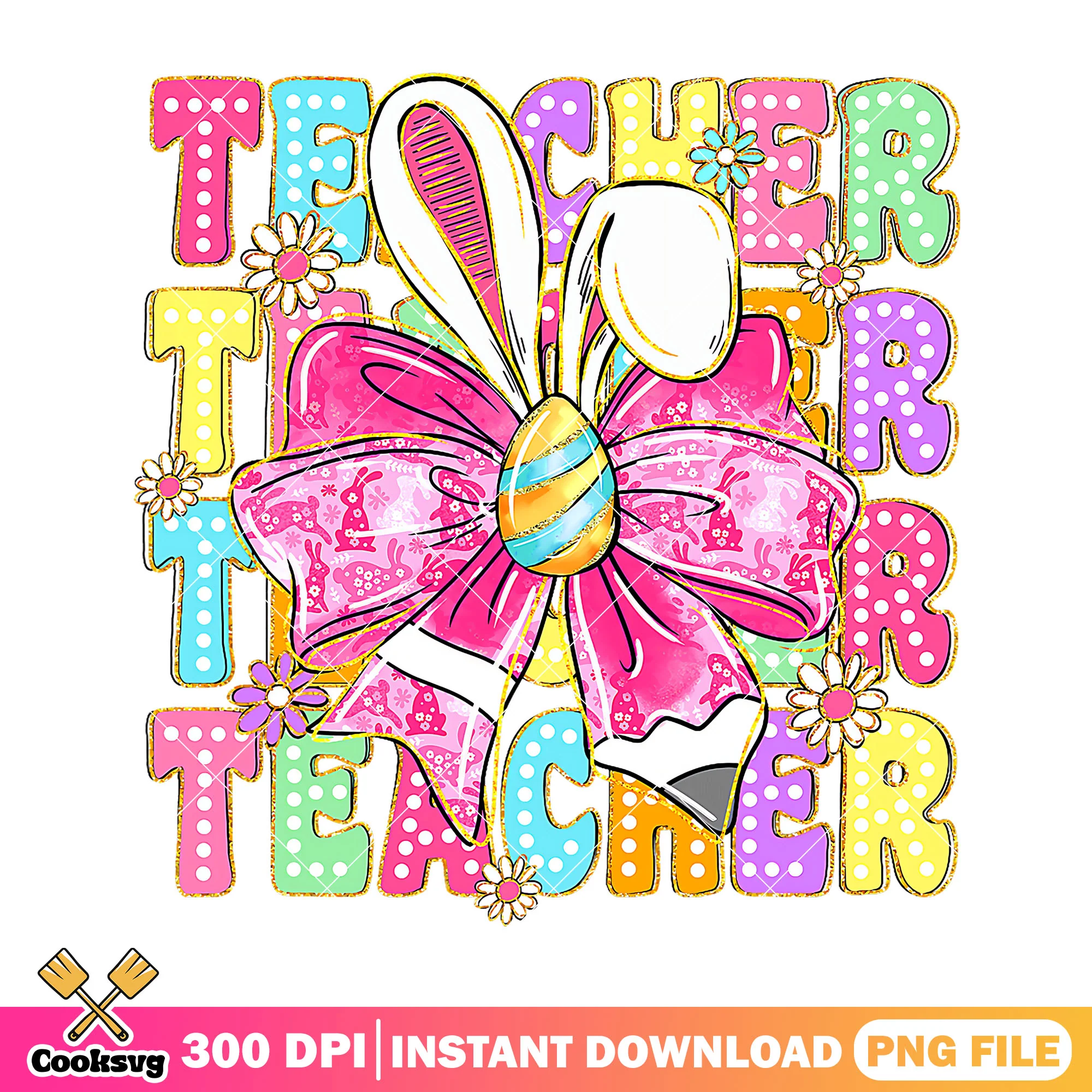 Bunny pink bow png, back to school decor png, teacher font png
