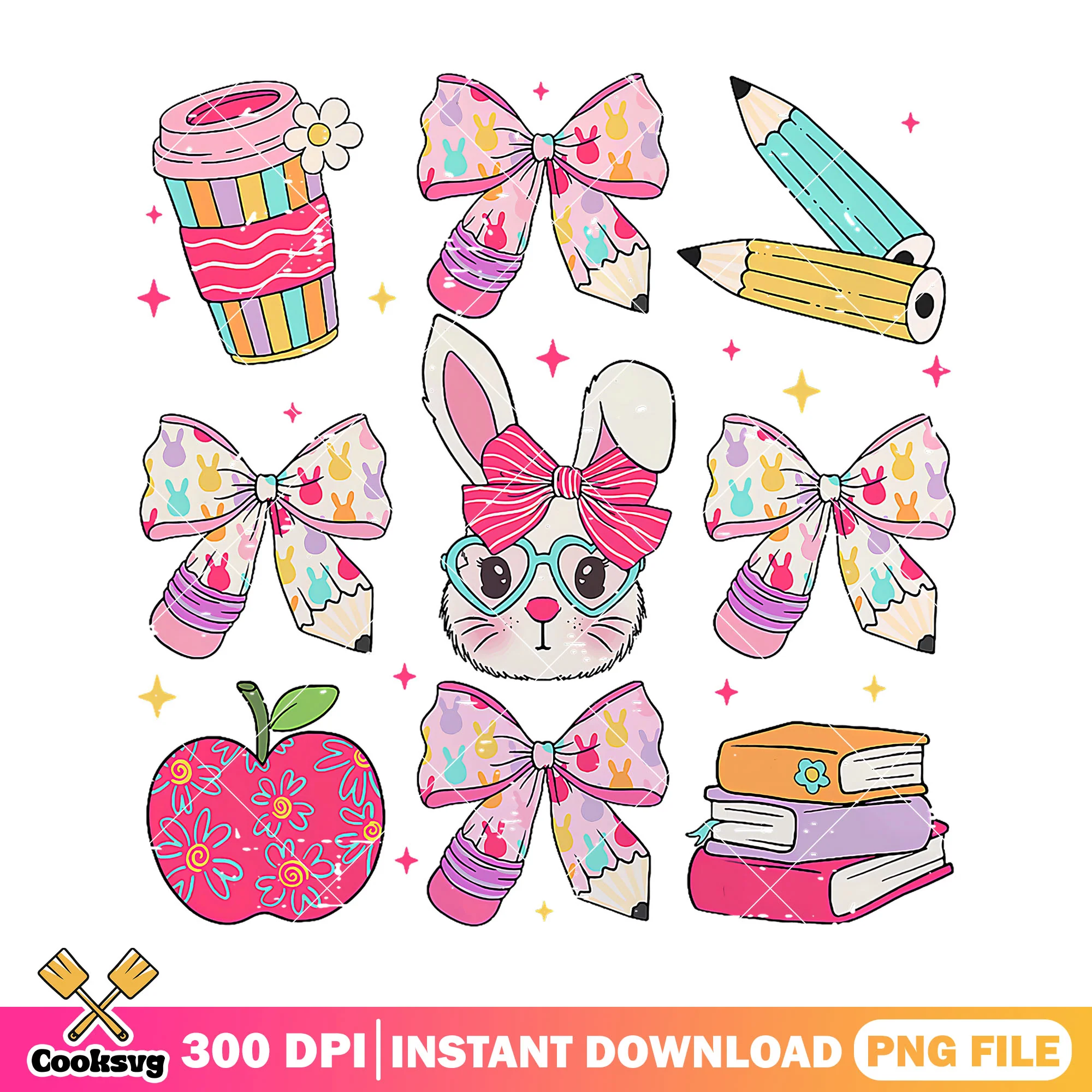 Bunny school items design png, cute item png, going back to school png