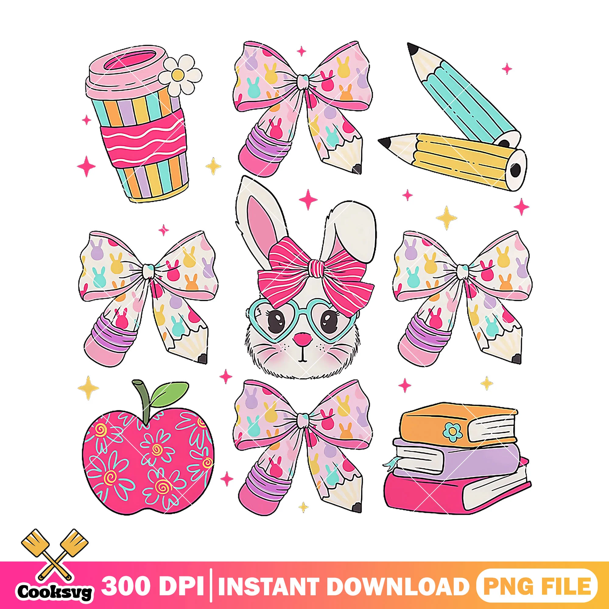 Bunny supplies design png, back to school decor png, cute bunny png