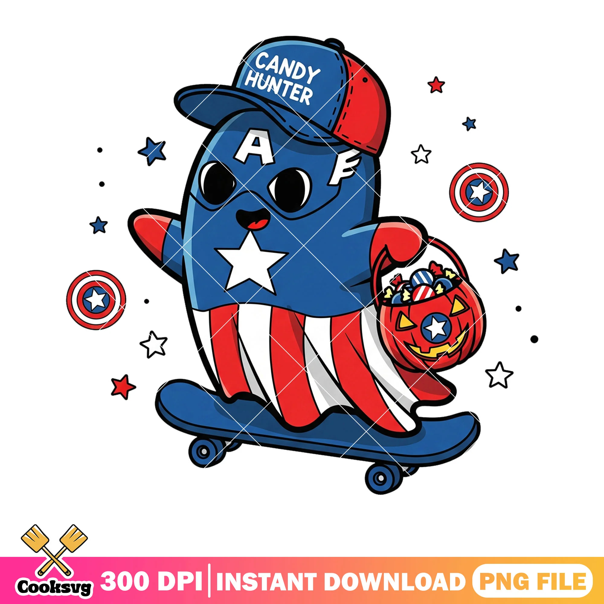 Captain chibi Ghost png, Candy Hunter Skateboard png