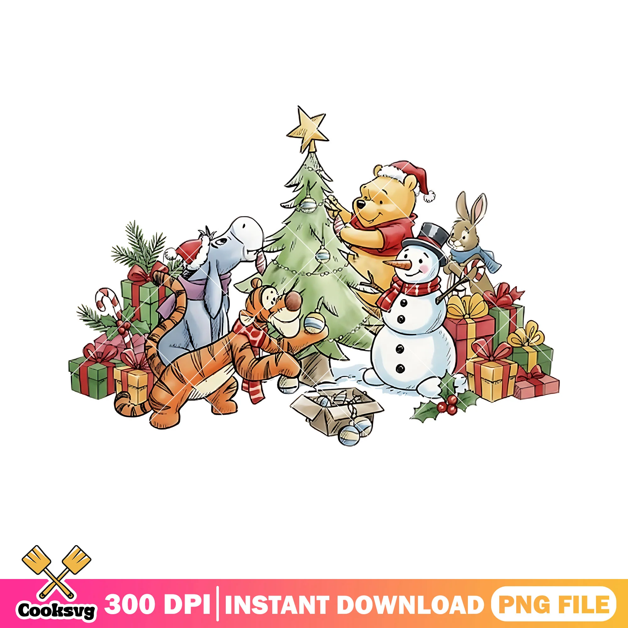 Cartoon christmas for kids png, christmas gifts png, pooh png