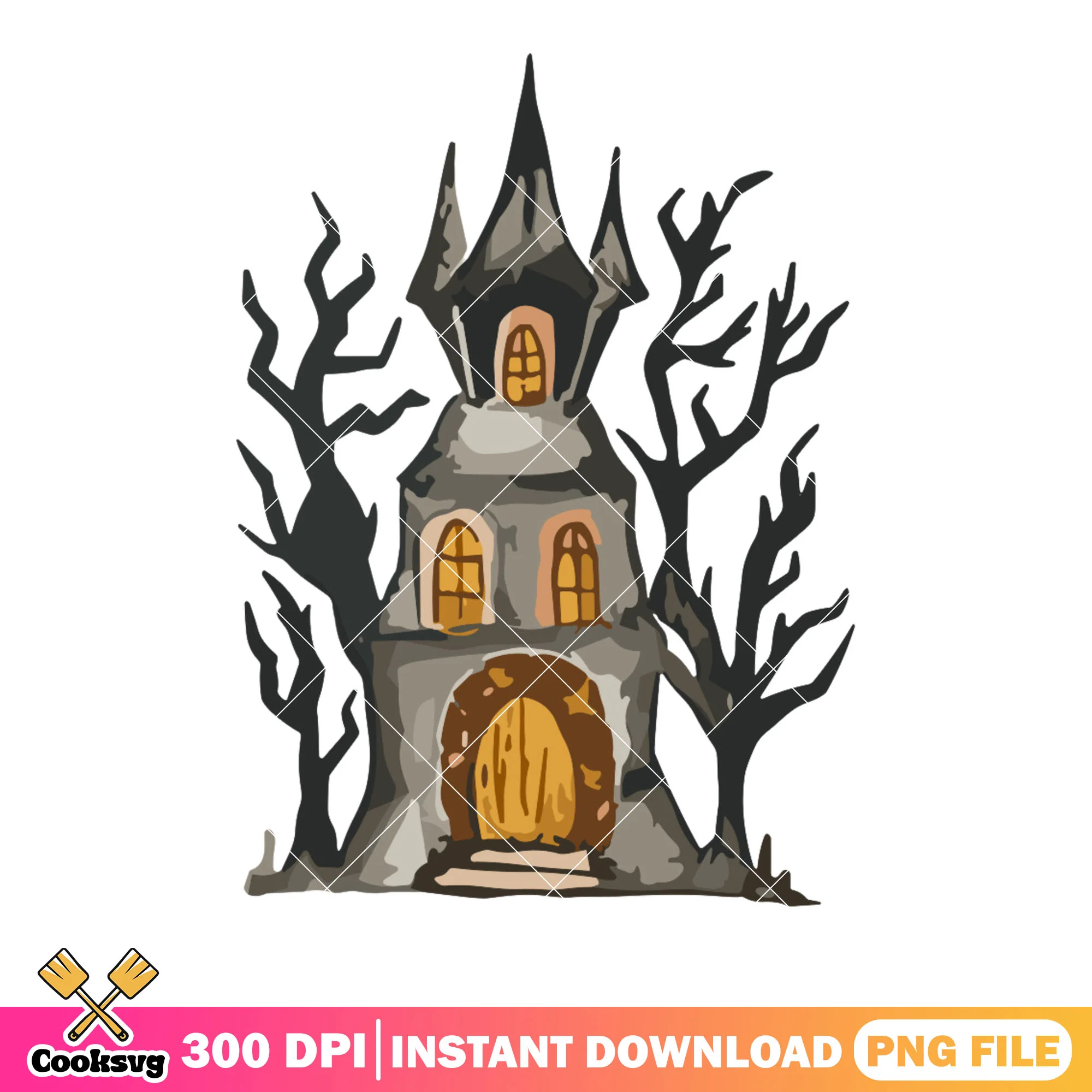 Carzy forest dead tree png, spooky castle png, halloween night png