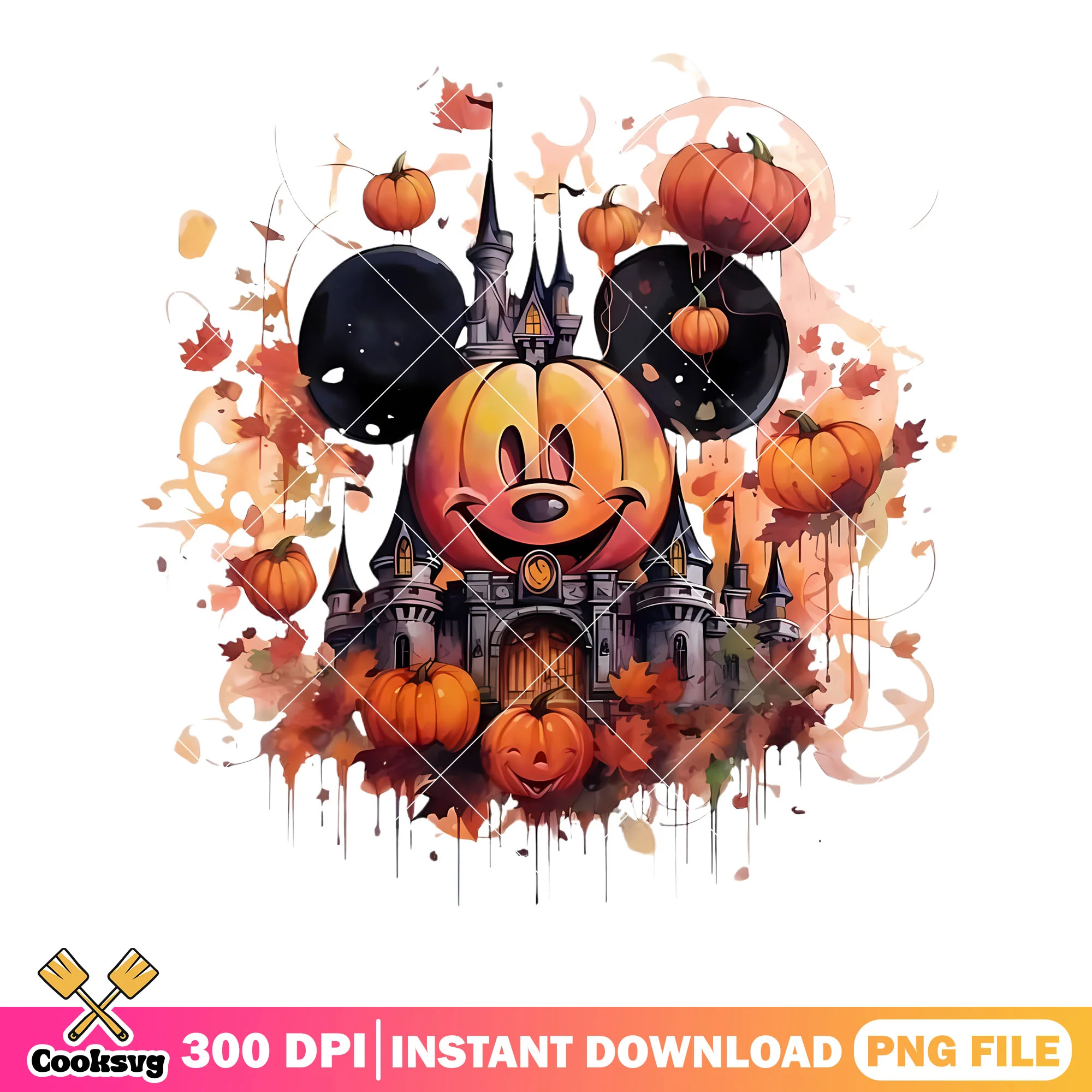 Castle pumpkin MIckey png, maple leaves png, disney character png