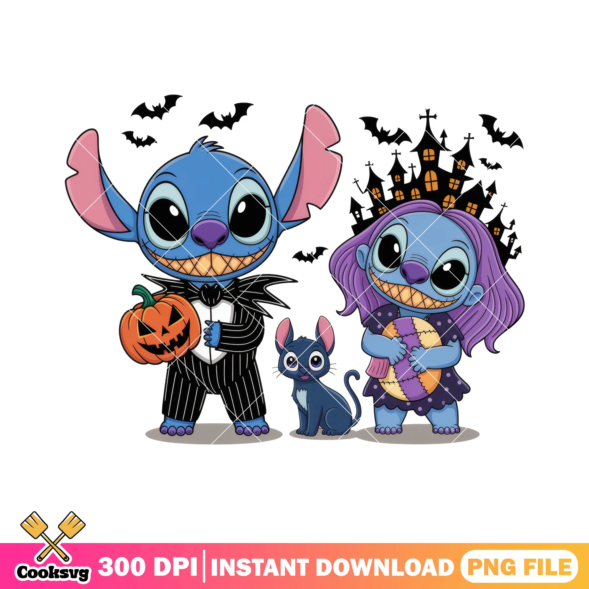 Cats with couple stitch png, happy halloween png, stitch horror png