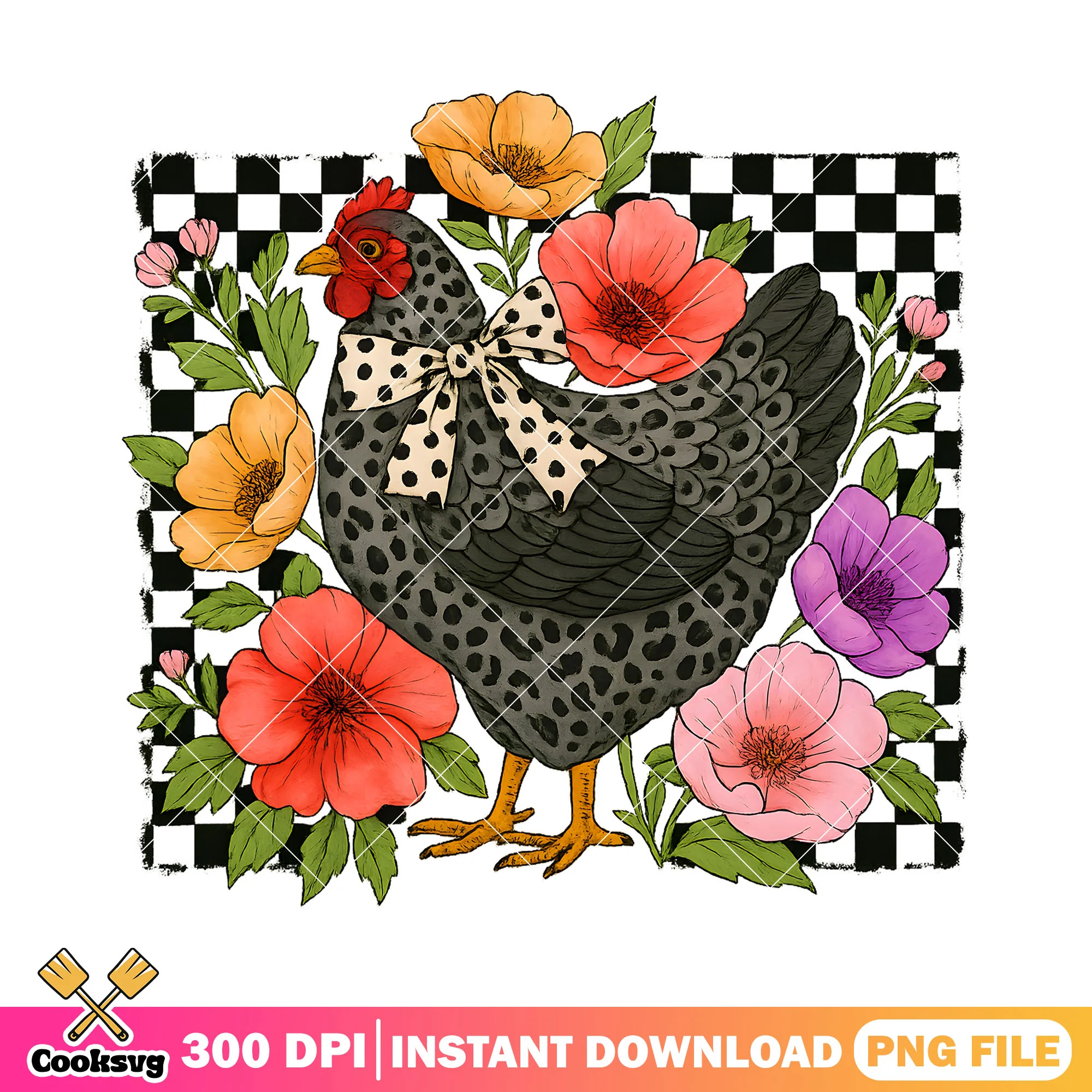Checkered Flower Chicken Png, Chicken Coquette Png, chicken bow png