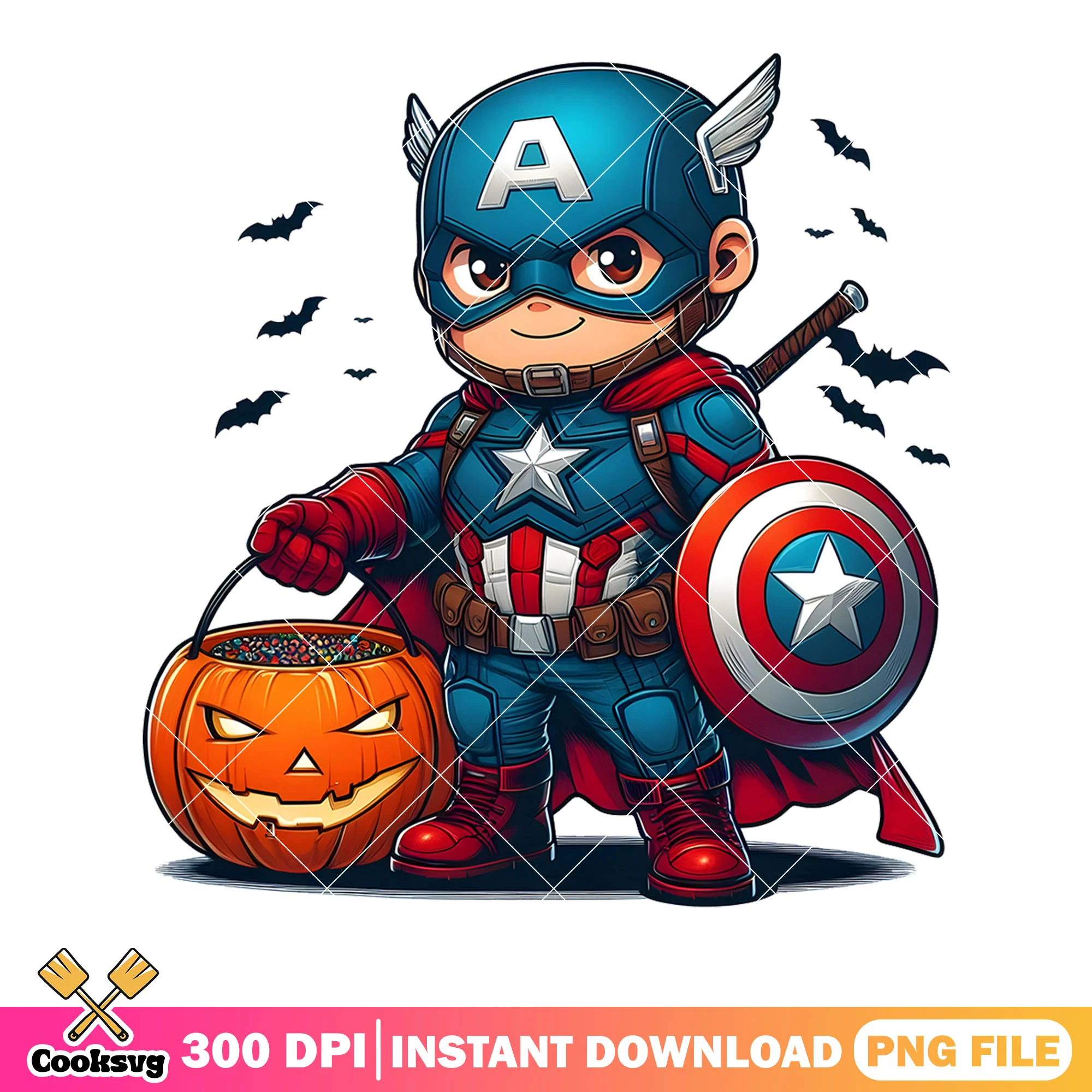 Chibi captain america png, halloween pumpkin png, marvel halloween png