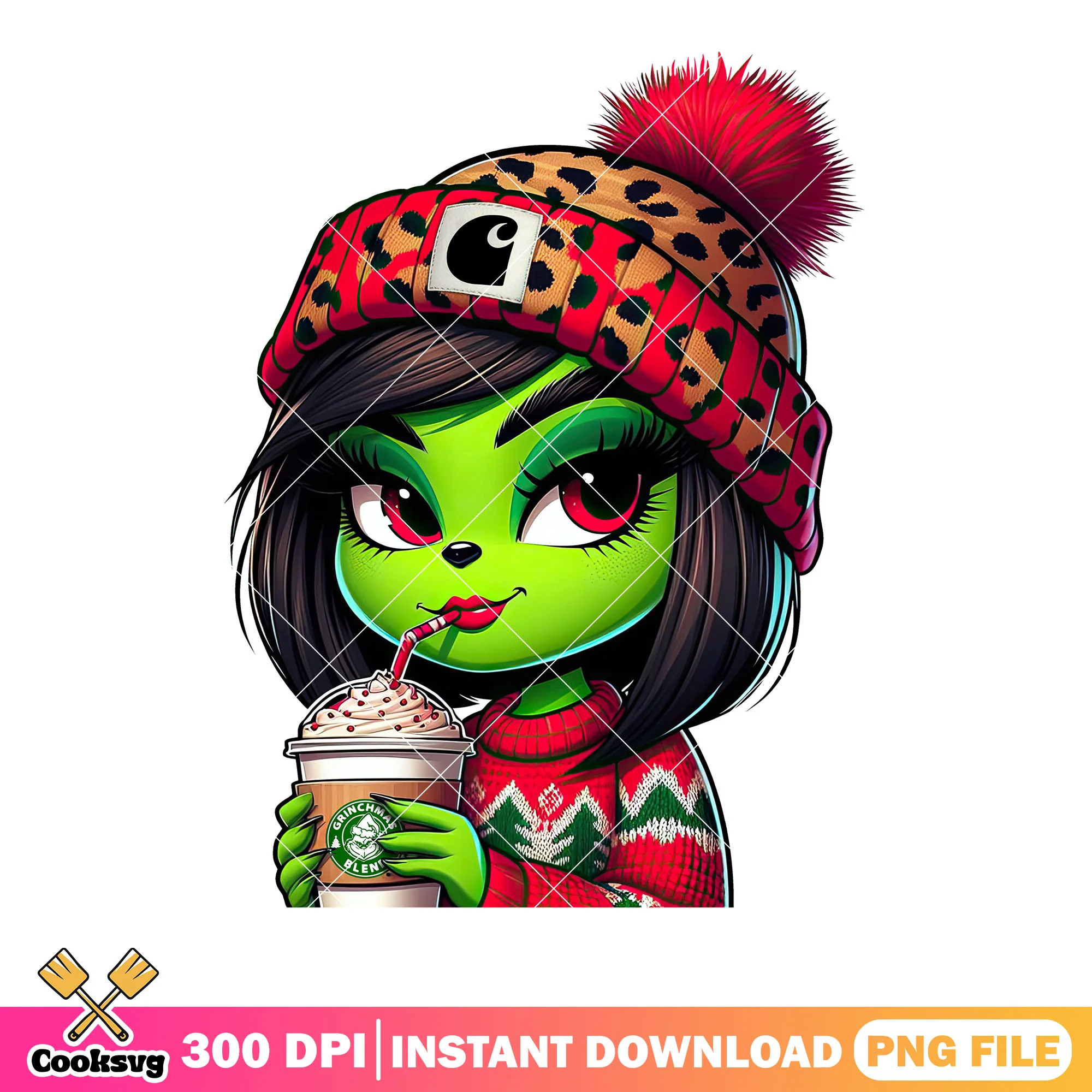 Chibi christmas green girl png, christmas sweater png, the grinch png