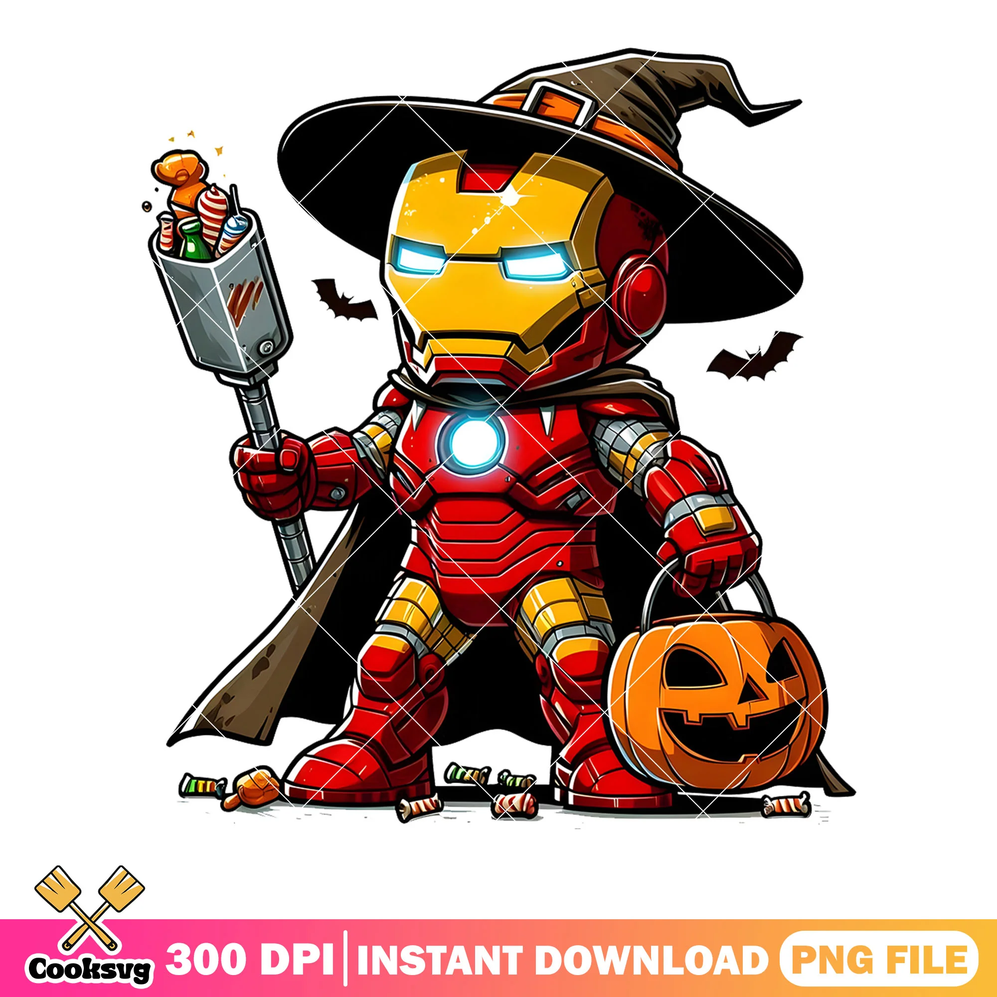 Chibi Iron Man png, halloween witch png, Marvel Halloween png