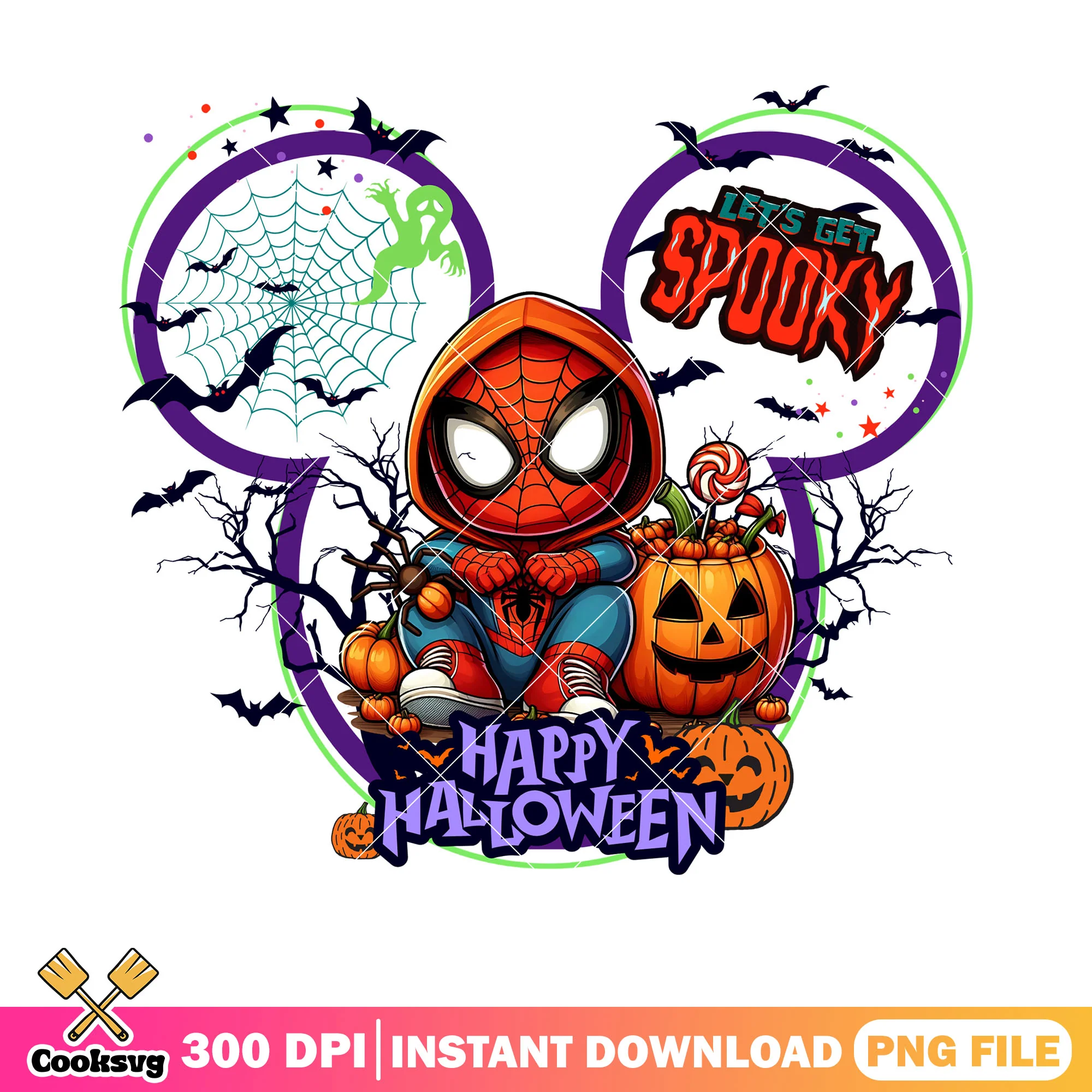Chibi little spider man png, scary halloween png, wicker pumpkin png