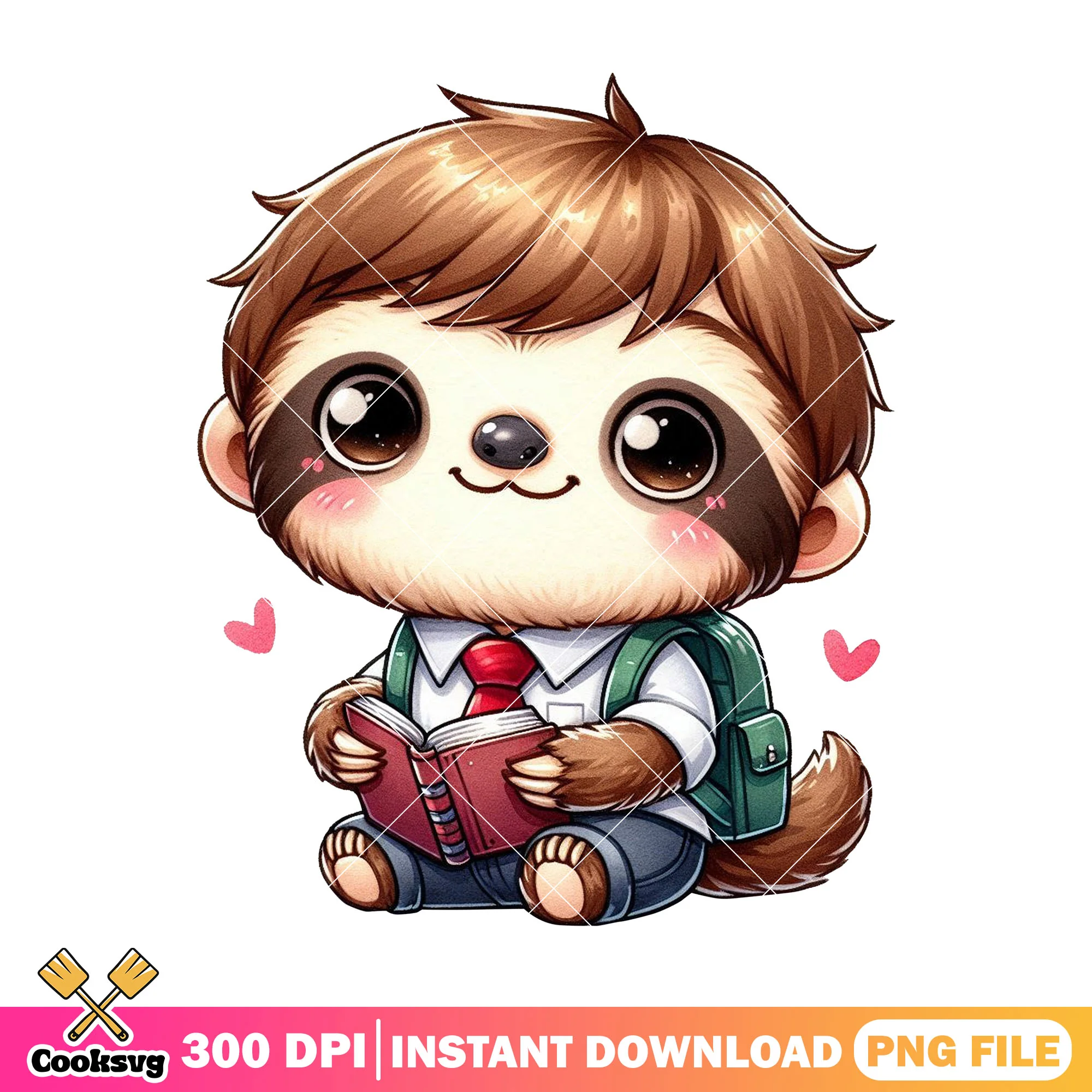 Chibi sloth brown hair png, love sloth png, back to school png