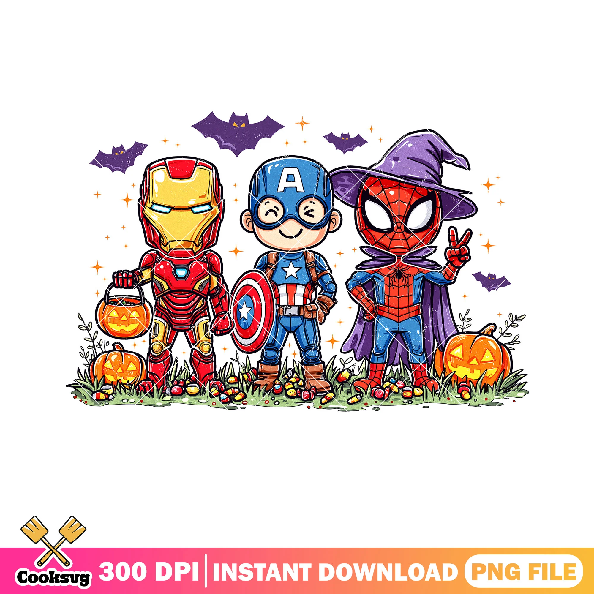 Chibi superheroes png, halloween costumes png, pumpkin halloween png