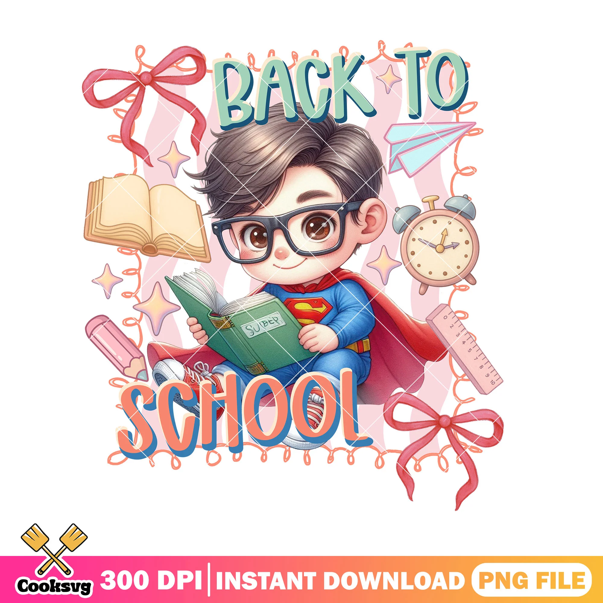 Chibi superman studying png, back to school day png, dc character png