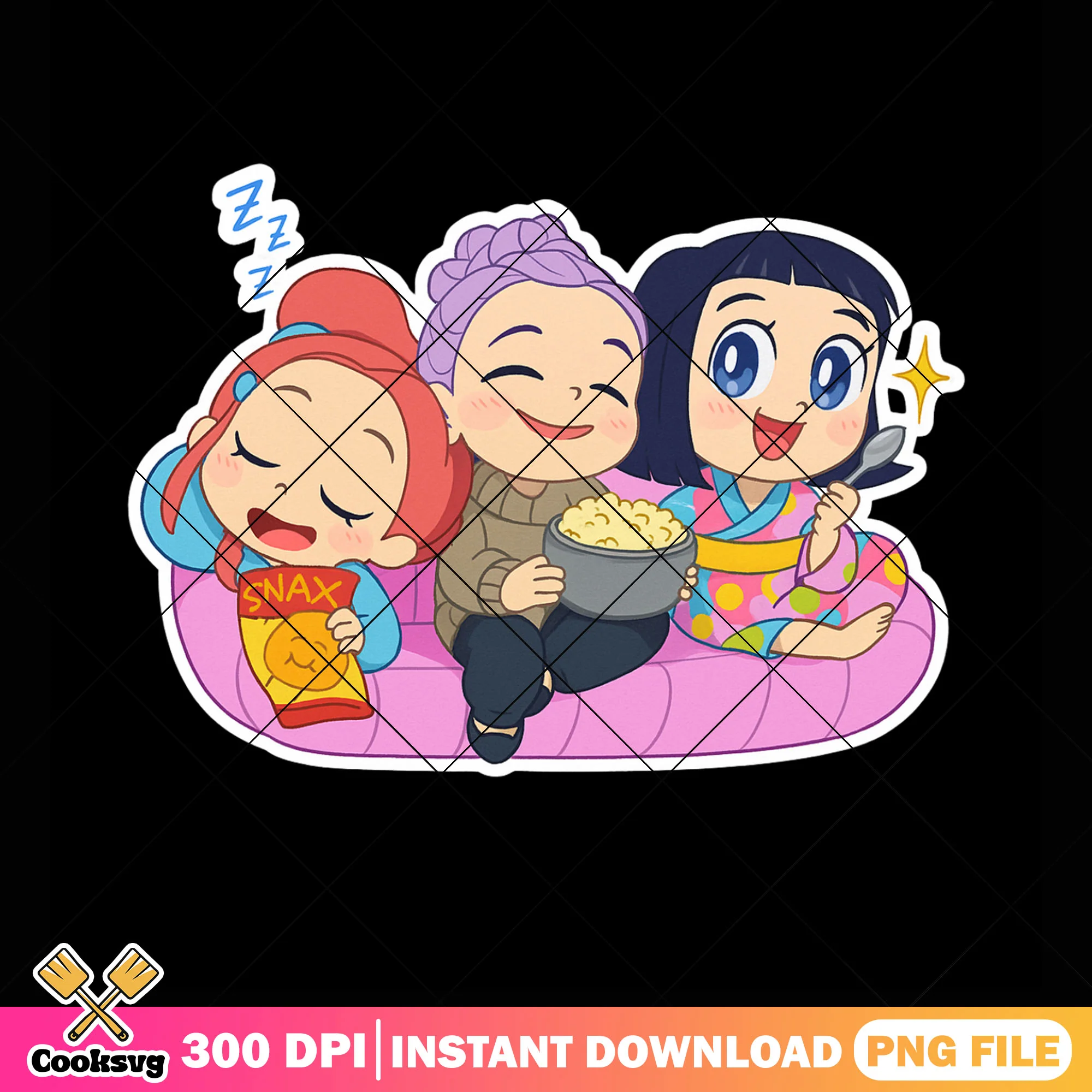 Chillin couch huntrix png sticker, huntrix girl png, kpop netflix png