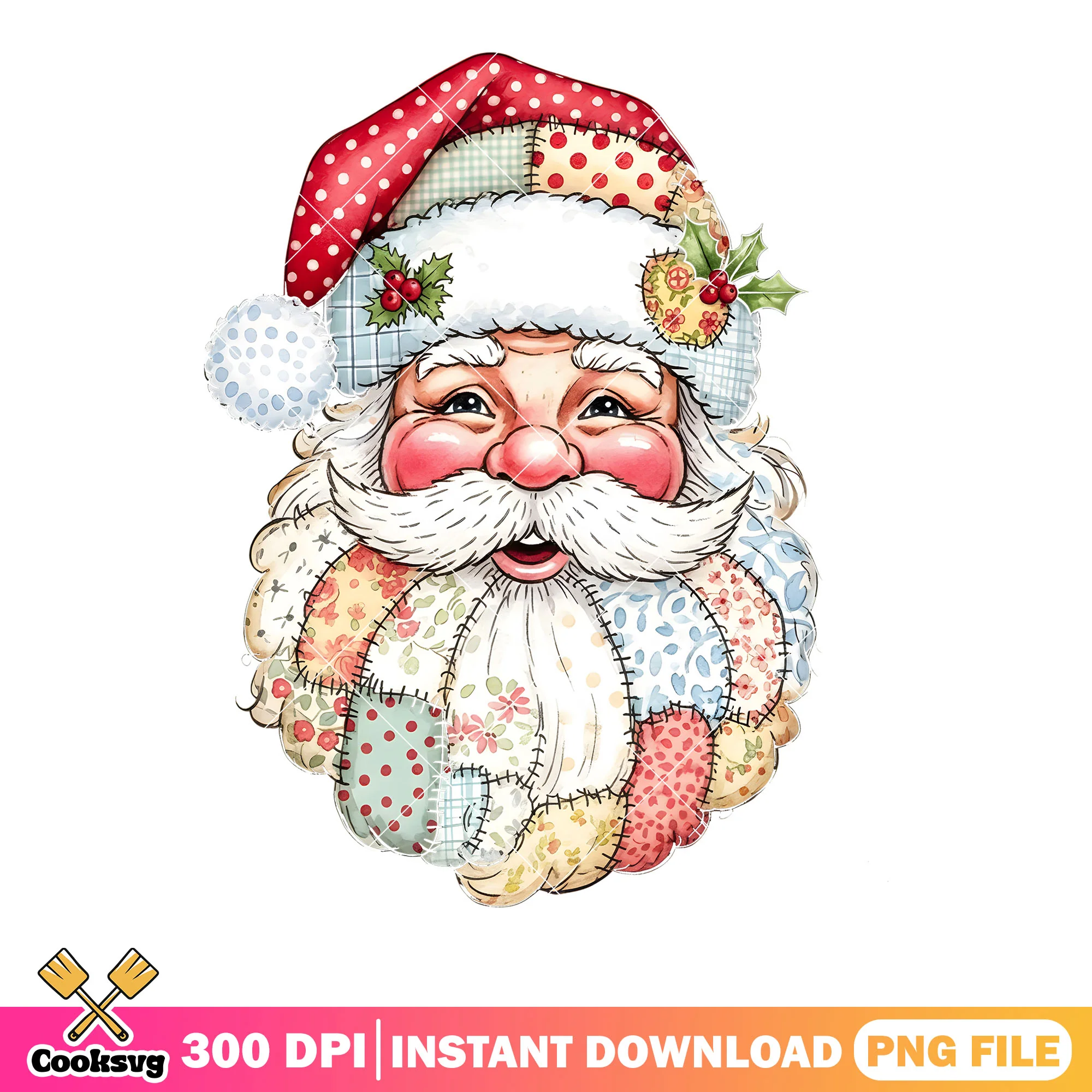 Christmas art png, santa claus png, holly leaves and berries png
