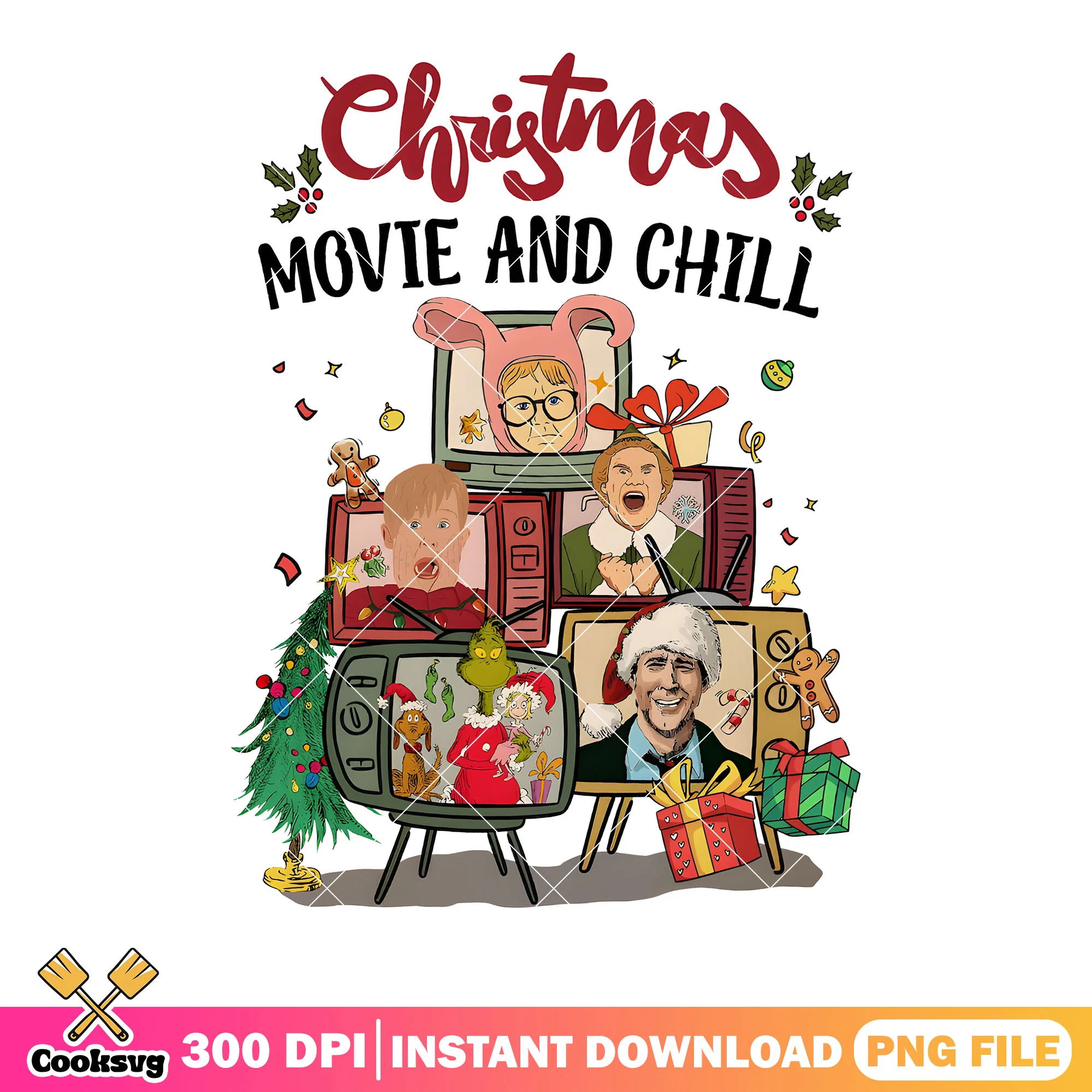 Christmas movie and chill png, christmas movie png, christmas tree png