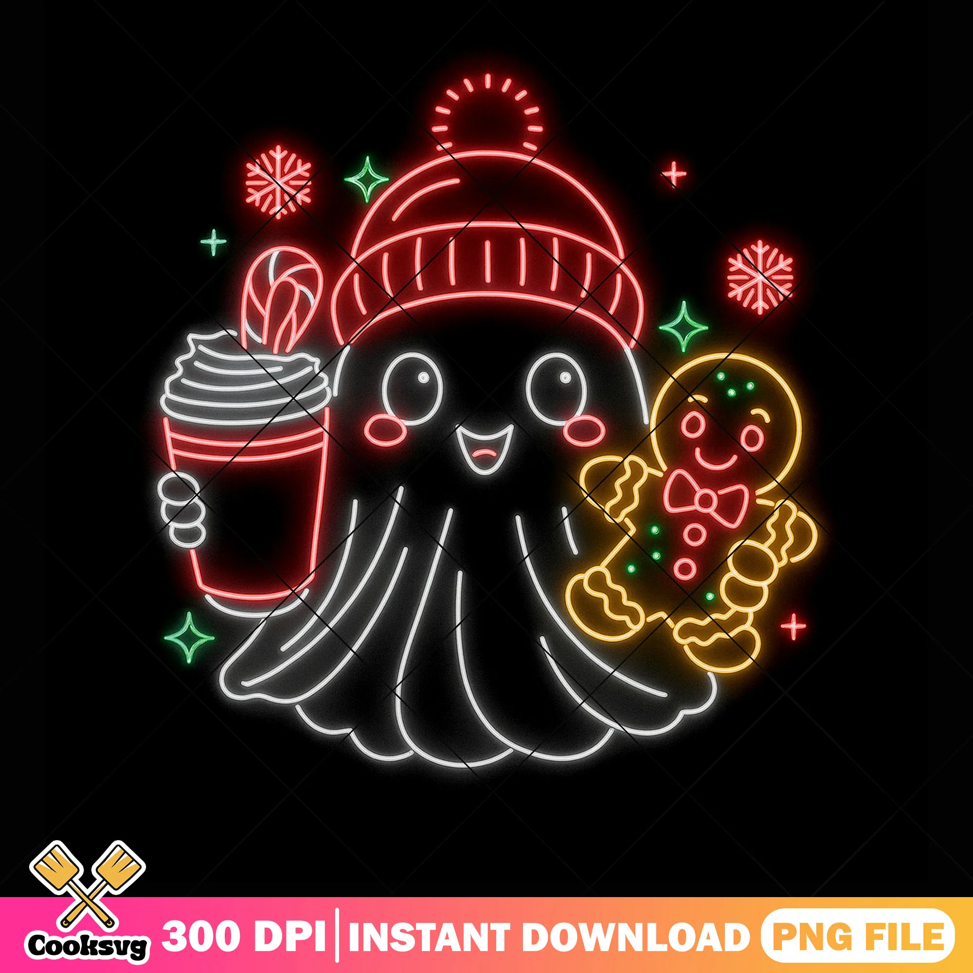 Christmas neon spirit png, christmas coffee png, gingerbread png