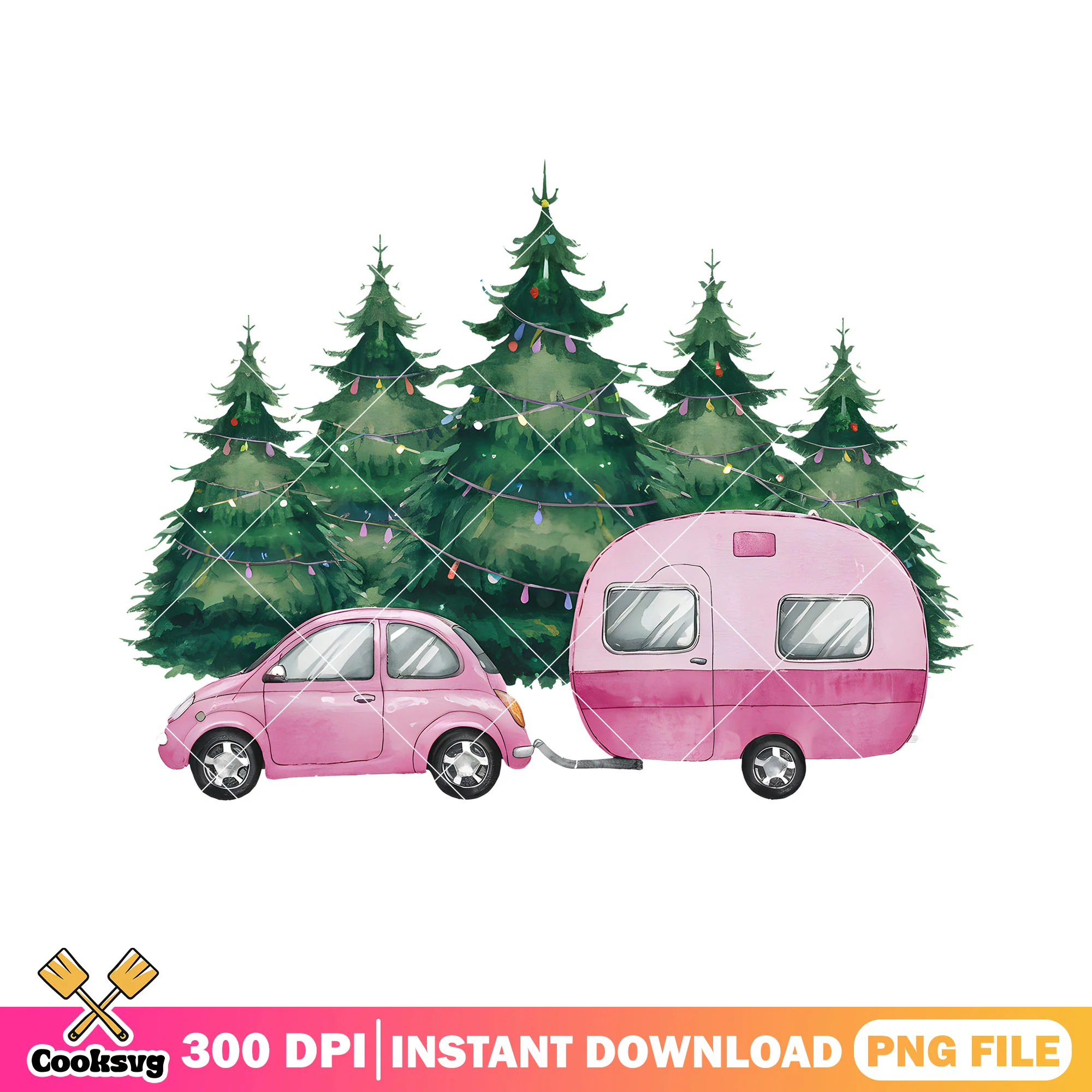 Christmas out door pink car png, pine tree png, christmas gifts png